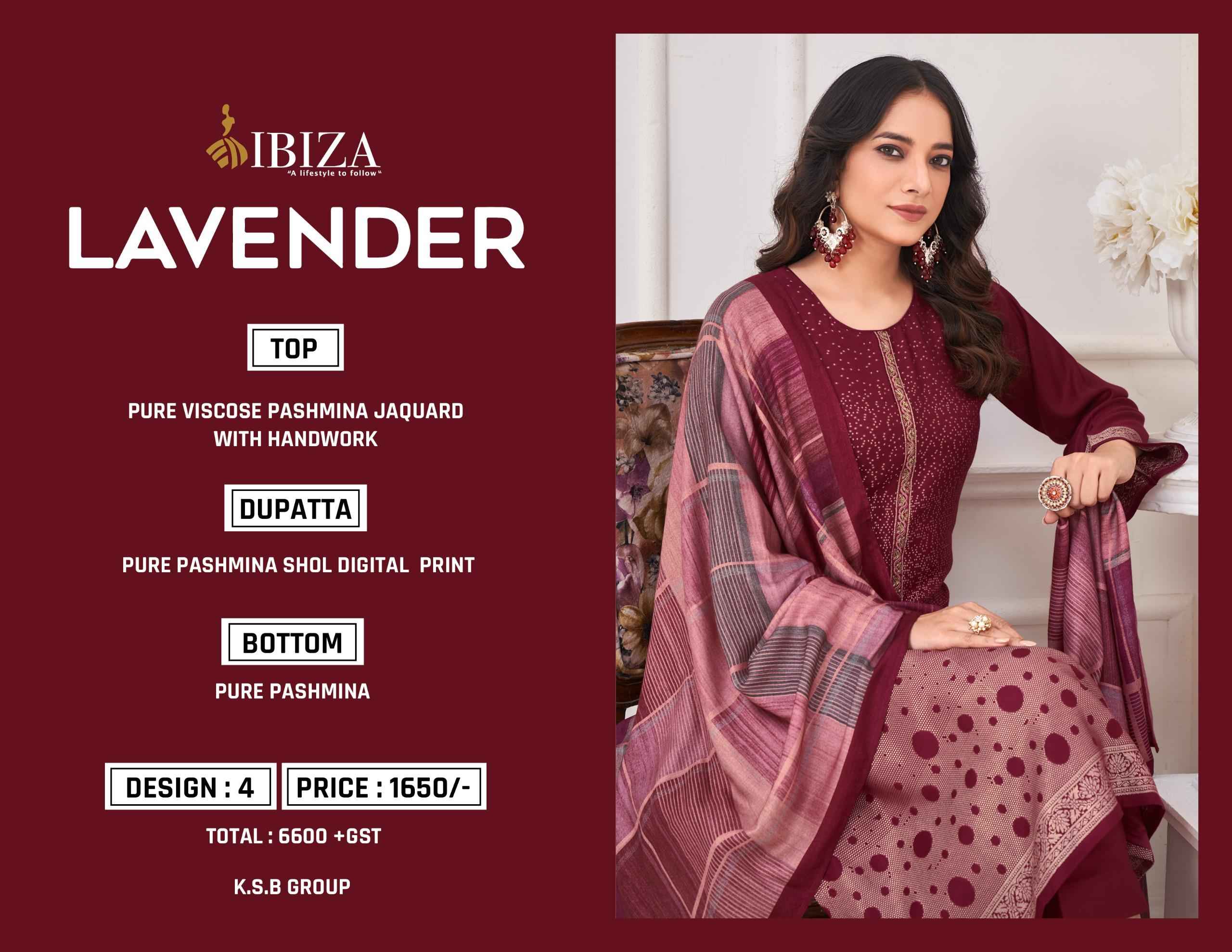 Ibiza Lavender Pure Viscose Pashmina Dress Material (4 pcs Catalogue)
