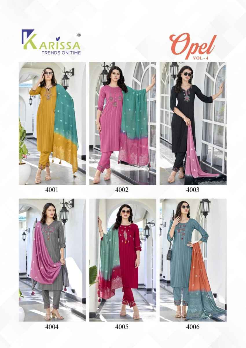 Karissa Opel Vol-4 Viscouse Rayon Readymade Suit (6 pcs Catalogue)