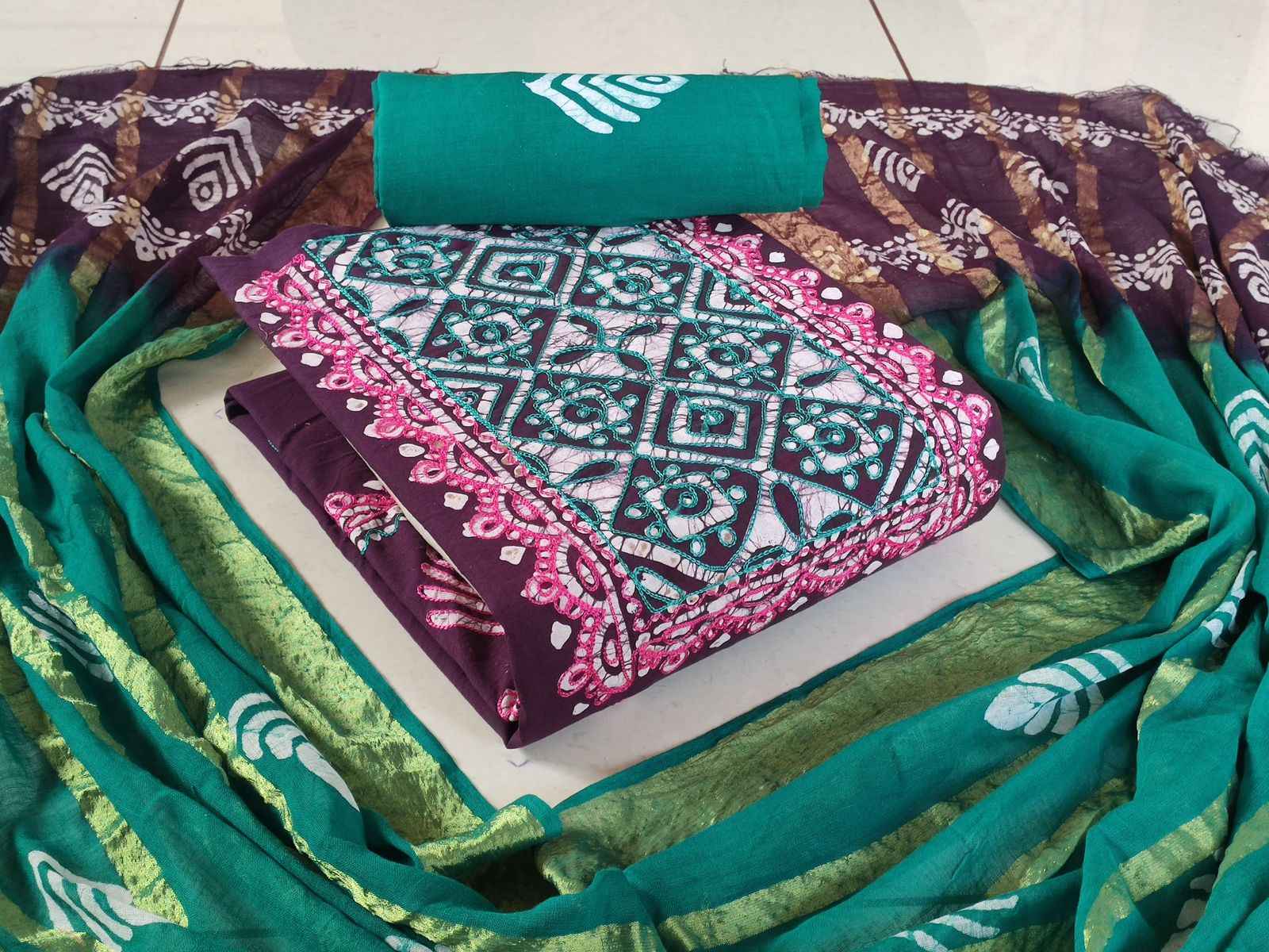 Cotton Neck Wax Batik With  Work Non Catalog Dress Material (10 pcs Catalogue)