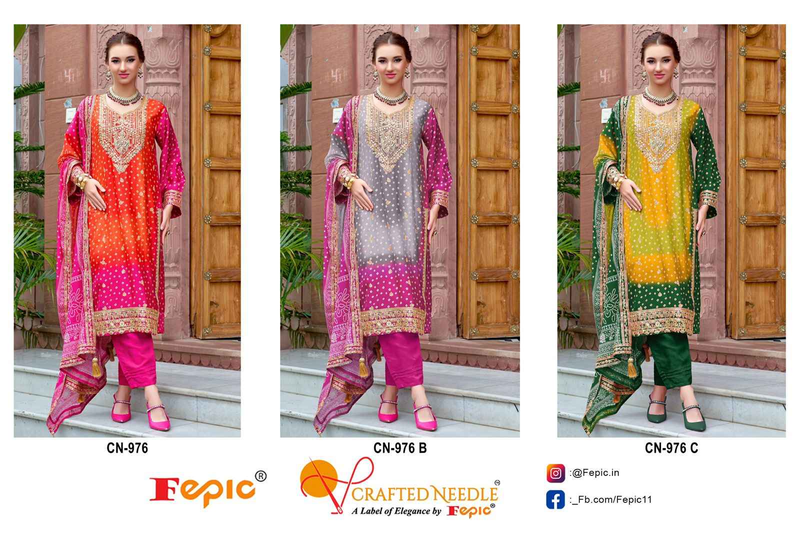 Fepic Crafted Needle Chinon Dress Material (3 pcs Catalogue)