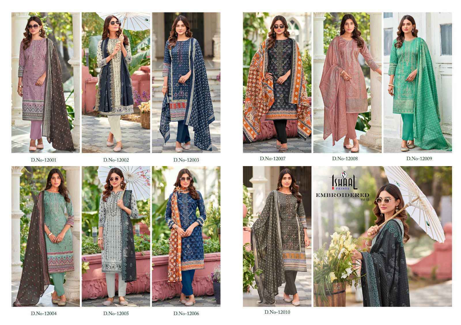 Ishaal Embroidered Vol-12 Lawn Cotton Dress Material (10 pcs Catalogue)