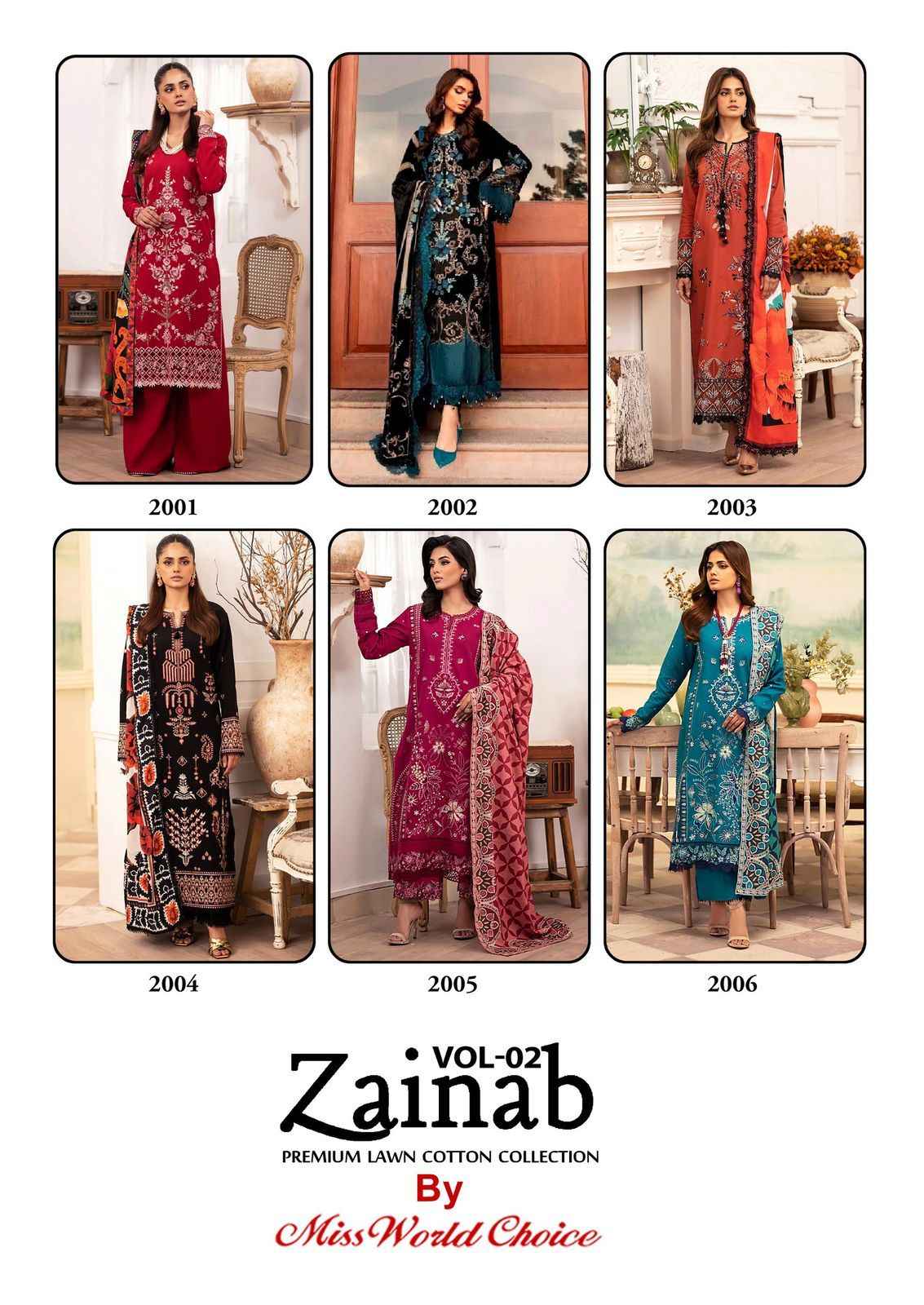 Miss World Choice Zainab Vol-2 Lawn Cotton Dress Material (6 pcs Catalogue)
