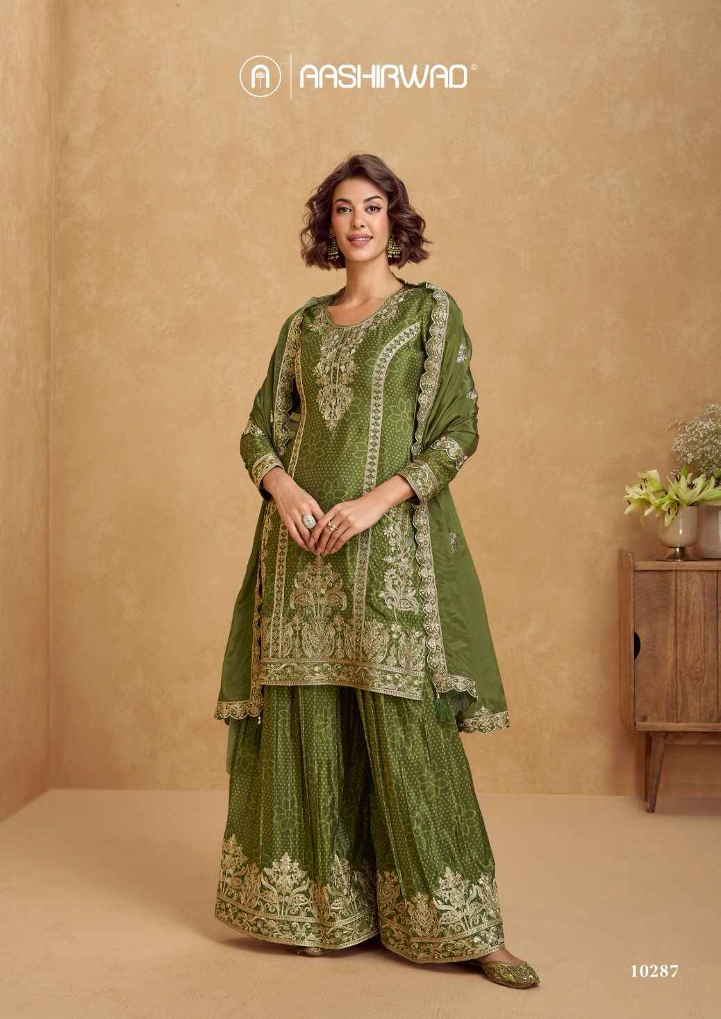 Aashirwad Creation Tanvi Readymade Chinon Silk Dress 4 pcs Catalogue