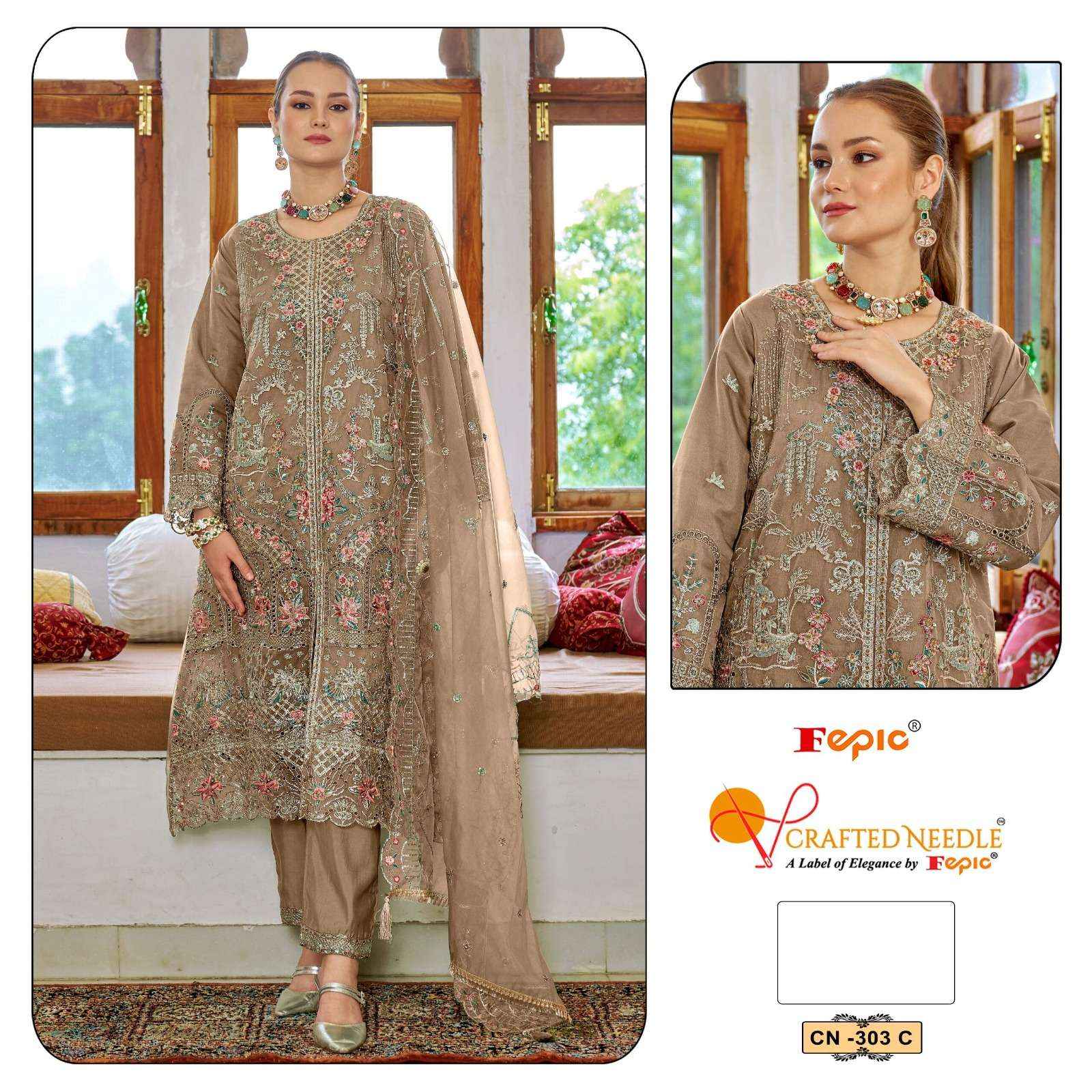 Fepic Crafted Needle Cn 303 Readymade Organza Dress 3 pcs Catalogue