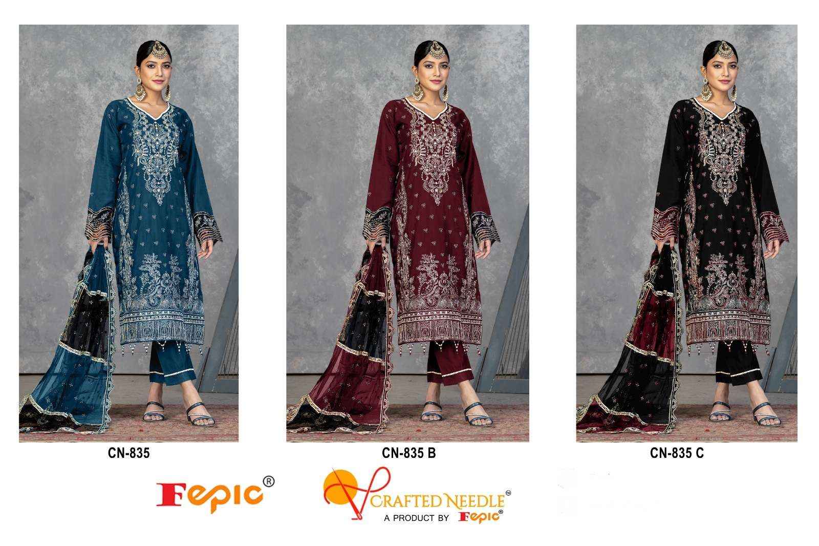 Fepic Crafted Needle Cn 835 Readymade Organza Dress 3 pcs Catalogue