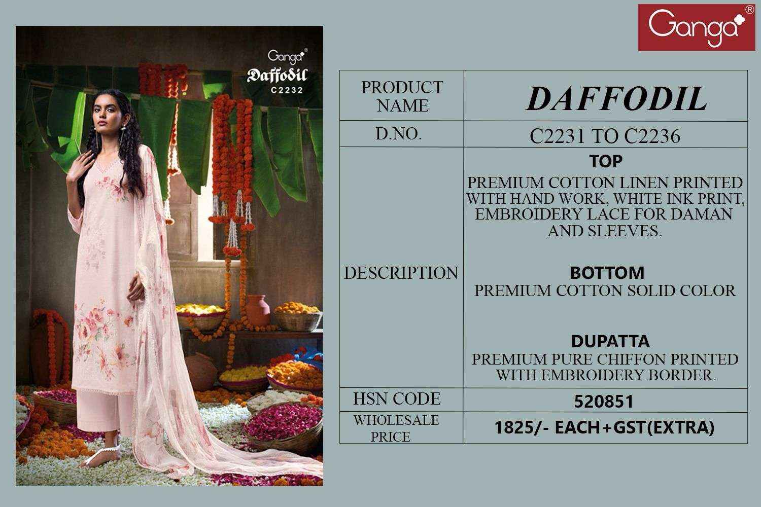 Ganga Daffodil Linen Cotton Dress Material 6 pcs Catalogue