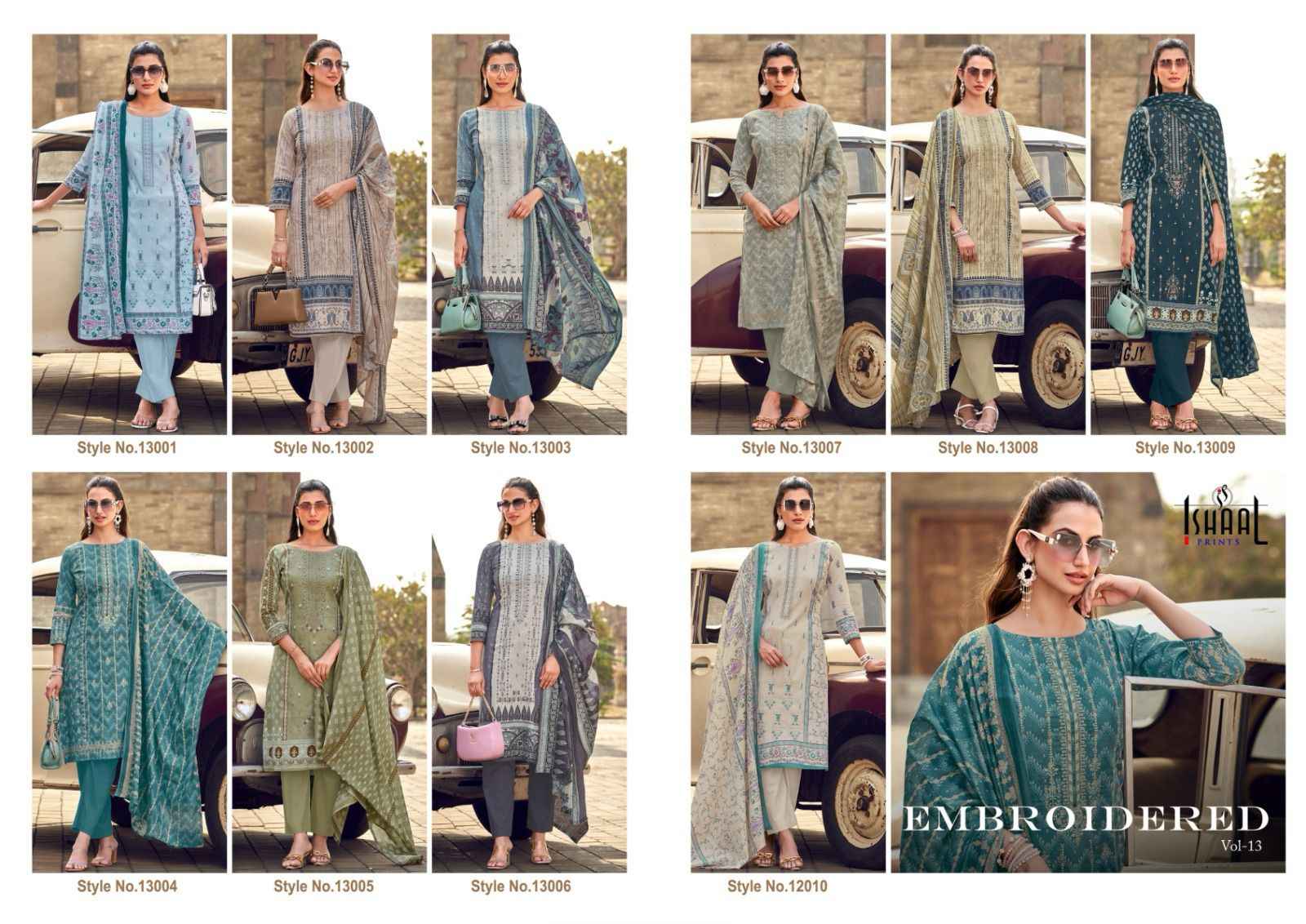 Ishaal Embroidered Vol 13 Lawn Cotton Dress Material 10 pcs Catalogue