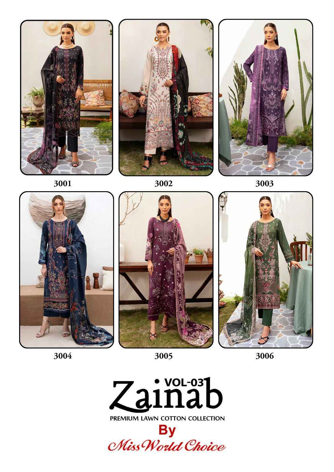 Miss World Choice Zainab Vol 3 Lawn Cotton Dress Material 6 pcs Catalogue
