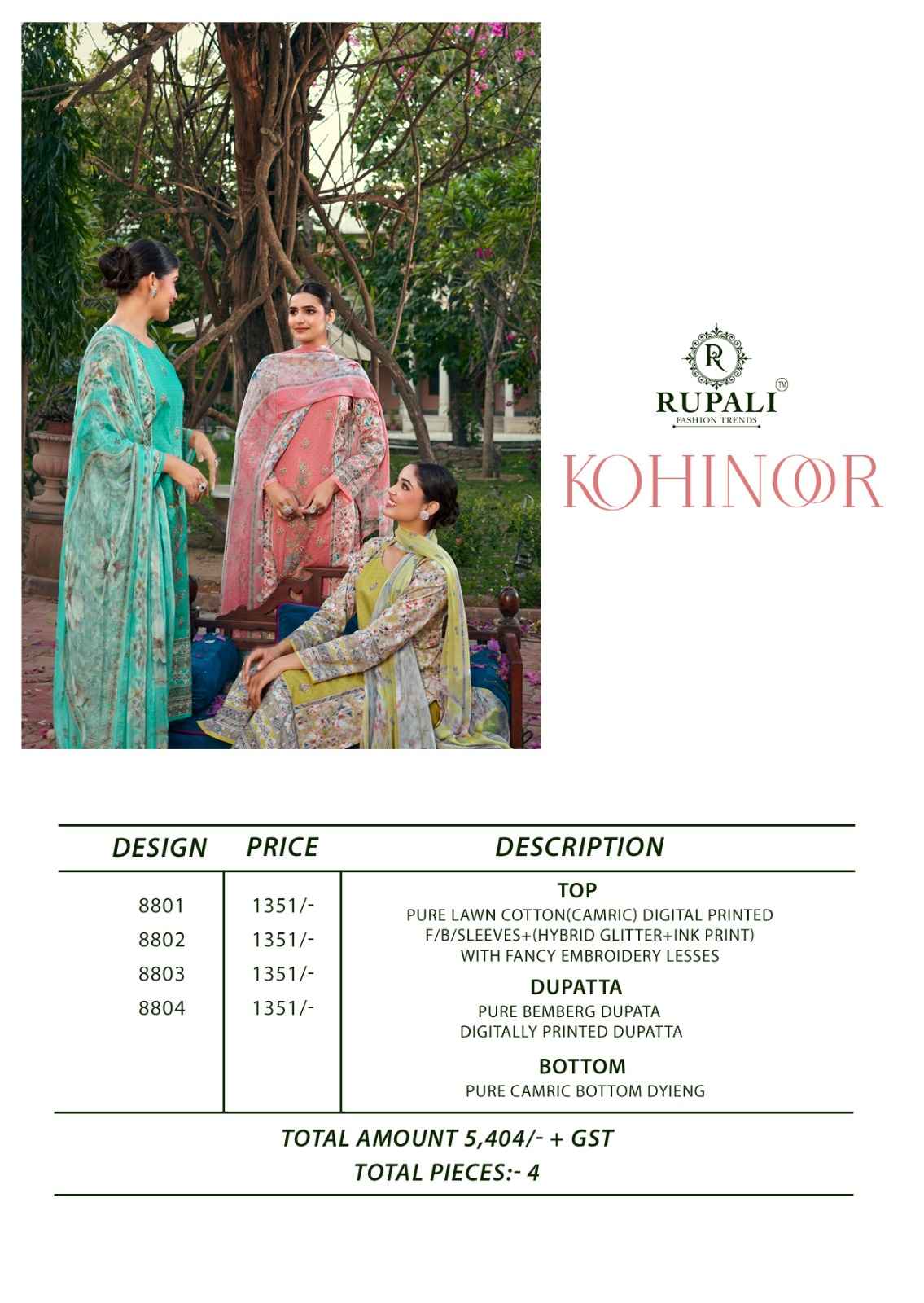 Rupali Fashion Kohinoor Lawn Cotton Dress Material 4 pcs Catalogue