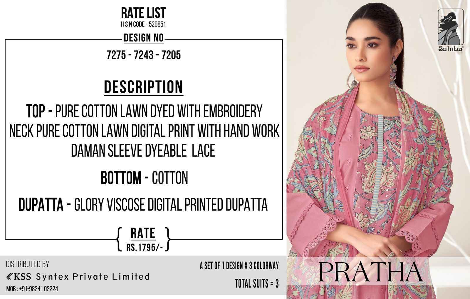 Sahiba Pratha Cotton Dress Material (3 pcs Catalogue)