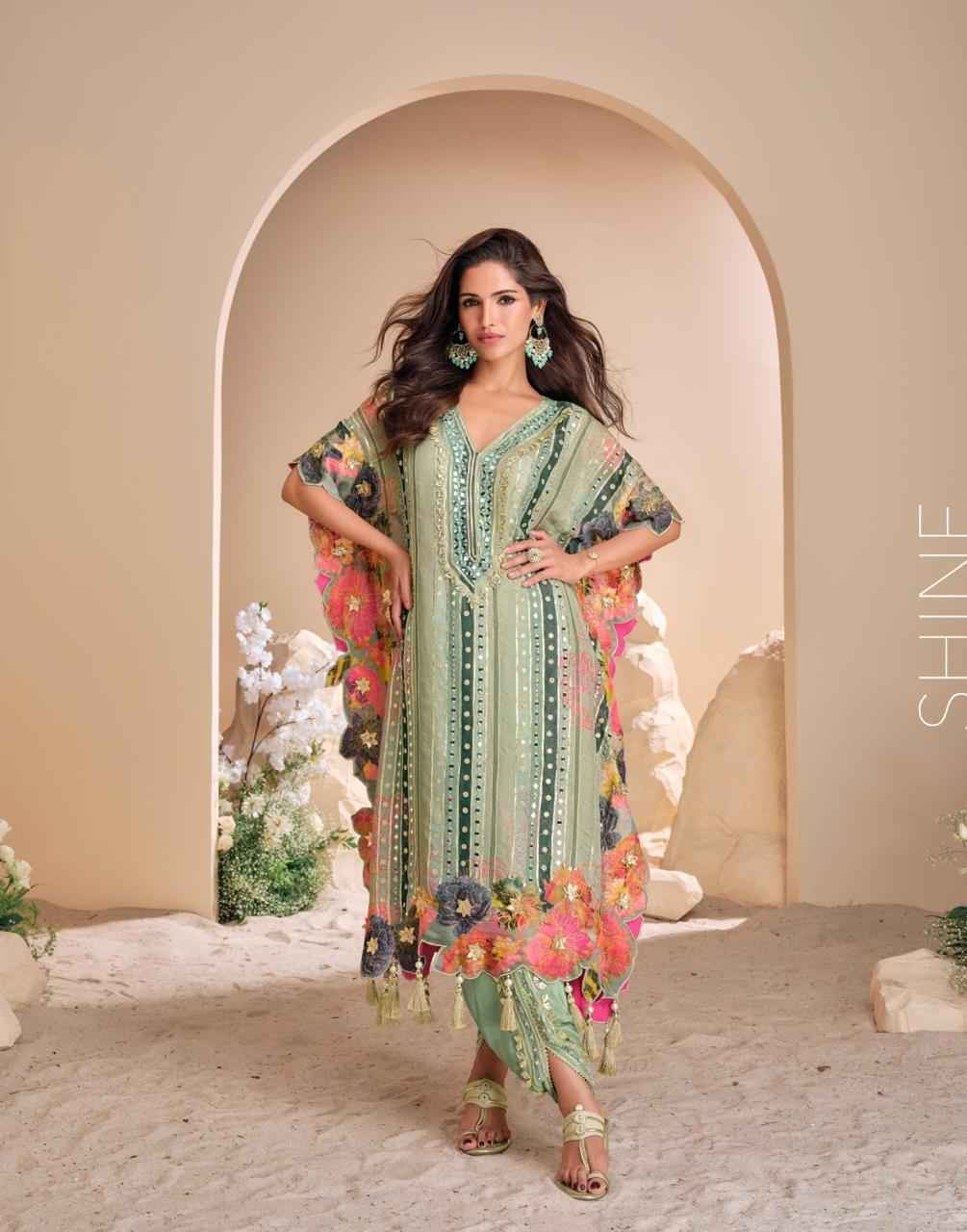 Sayuri Designer Jhoomar Nx Crape Silk Kaftan 3 pcs Catalogue