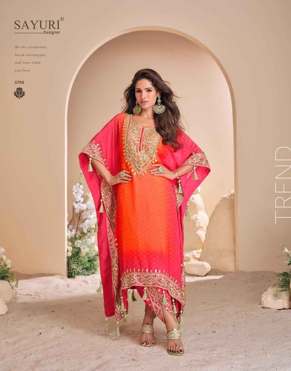 Sayuri Designer Jhoomar Nx Crape Silk Kaftan 3 pcs Catalogue