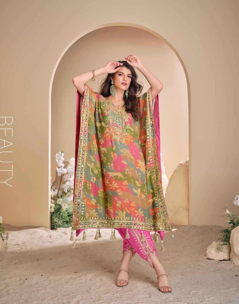 Sayuri Designer Jhoomar Nx Crape Silk Kaftan 3 pcs Catalogue