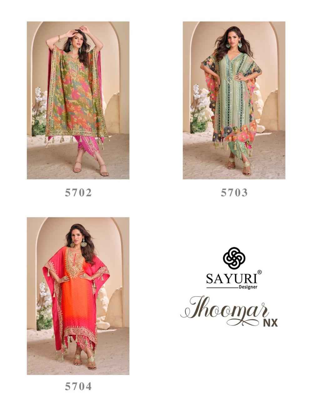 Sayuri Designer Jhoomar Nx Crape Silk Kaftan 3 pcs Catalogue