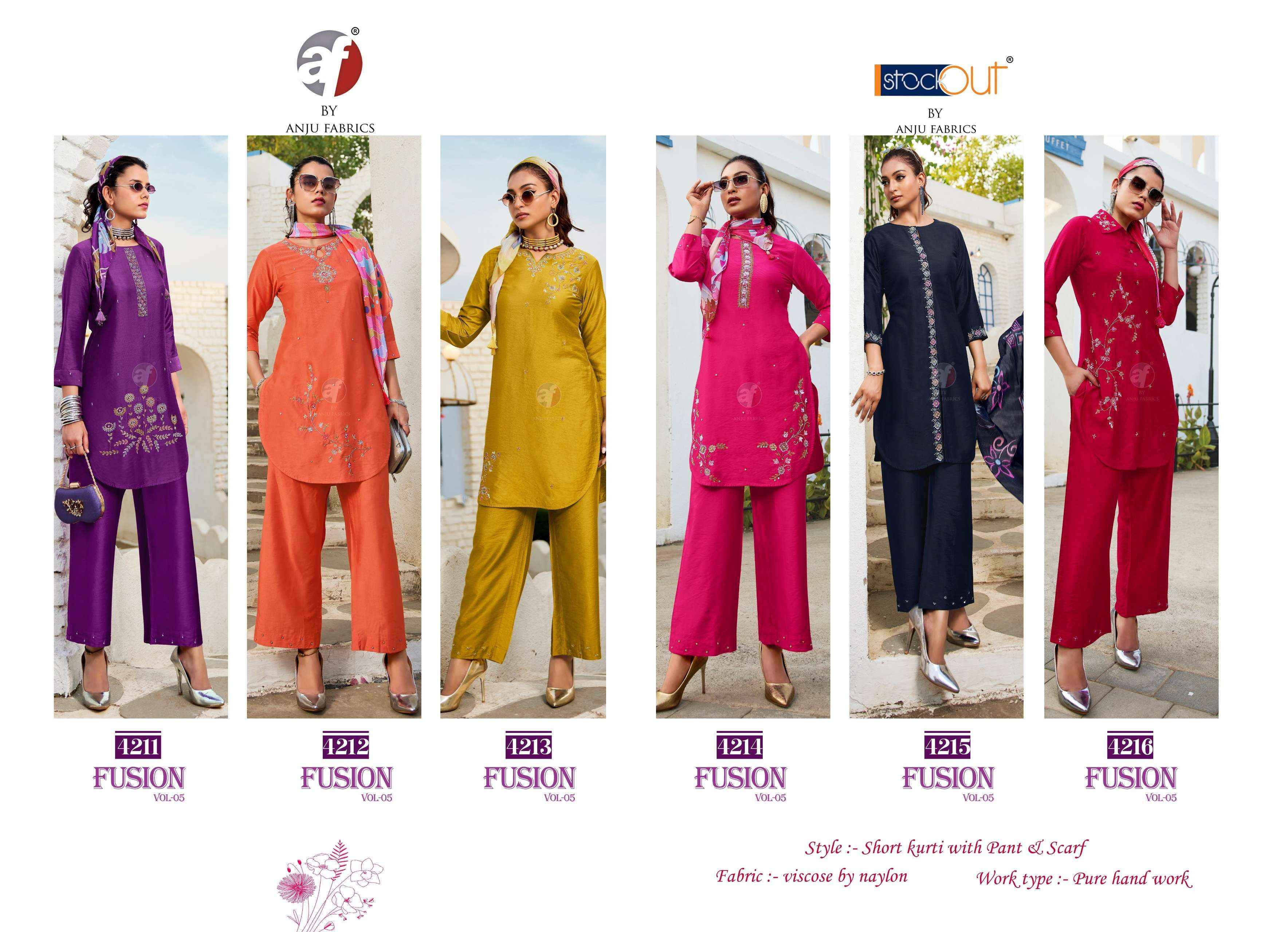 Anju Fabrics Fusion Vol 5 Viscose Kurti With Bottom 6 pcs Catalogue