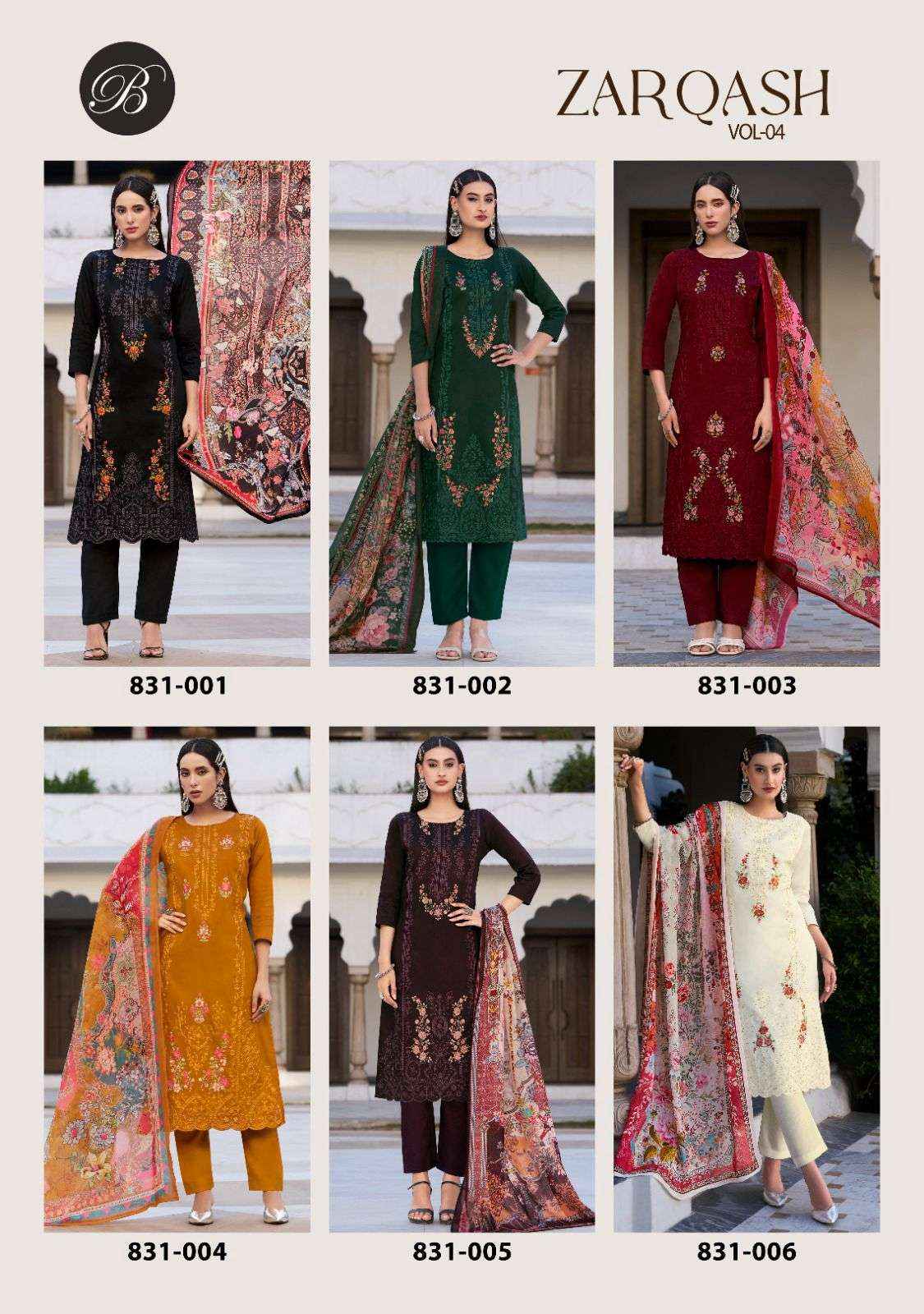 Belliza Zarqash Vol 4 Jam Dress Material 6 pcs Catalogue