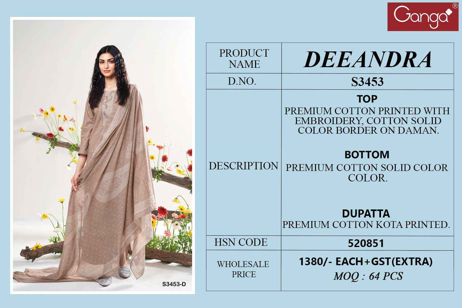 Ganga Deeandra 3453 Cotton Dress Material 4 pcs Catalogue