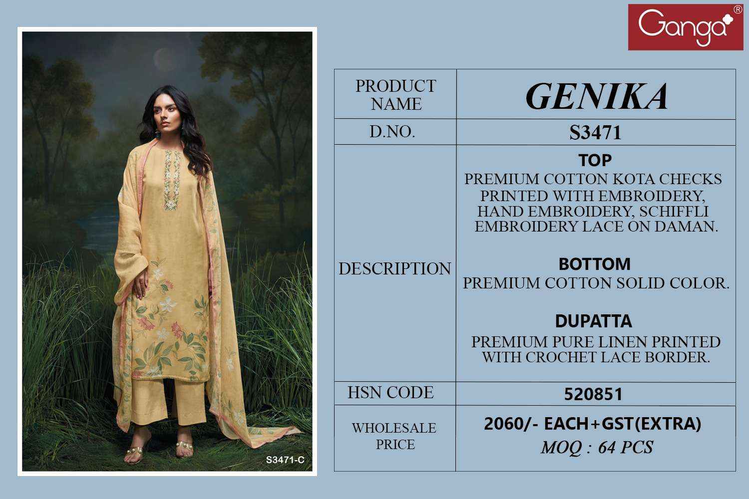 Ganga Genika 3471 Cotton Dress Material 4 pcs Catalogue