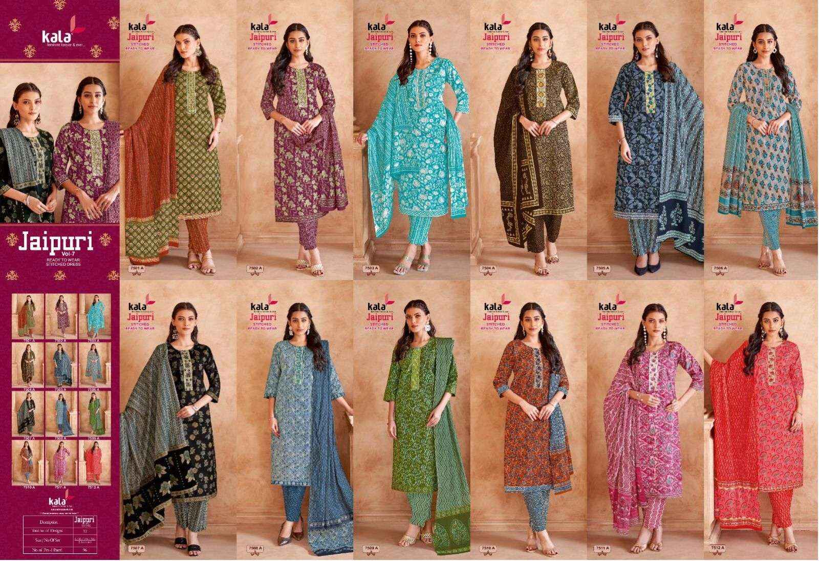 Kala Jaipuri Vol 7 Readymade Cotton Dress 12 Pc Catalogue