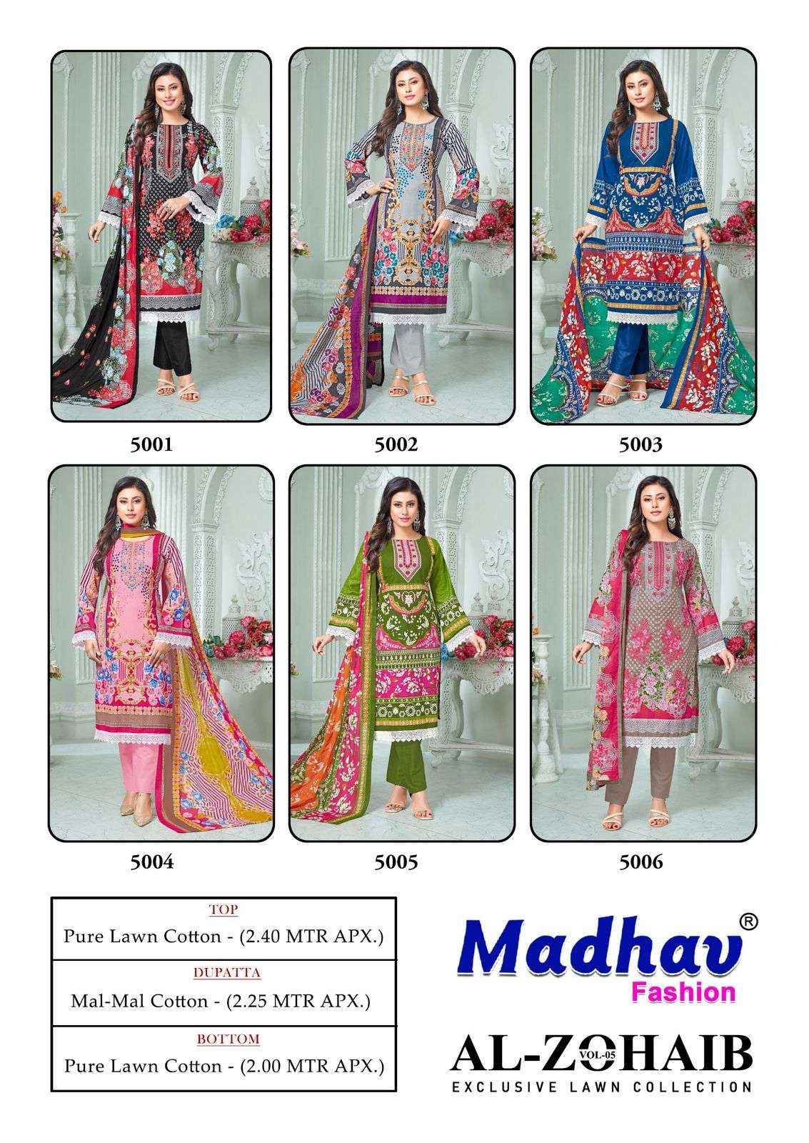 Madhav Fashion Al Zohaib Vol 5 Lawn Cotton Dress Material 6 pcs Catalogue