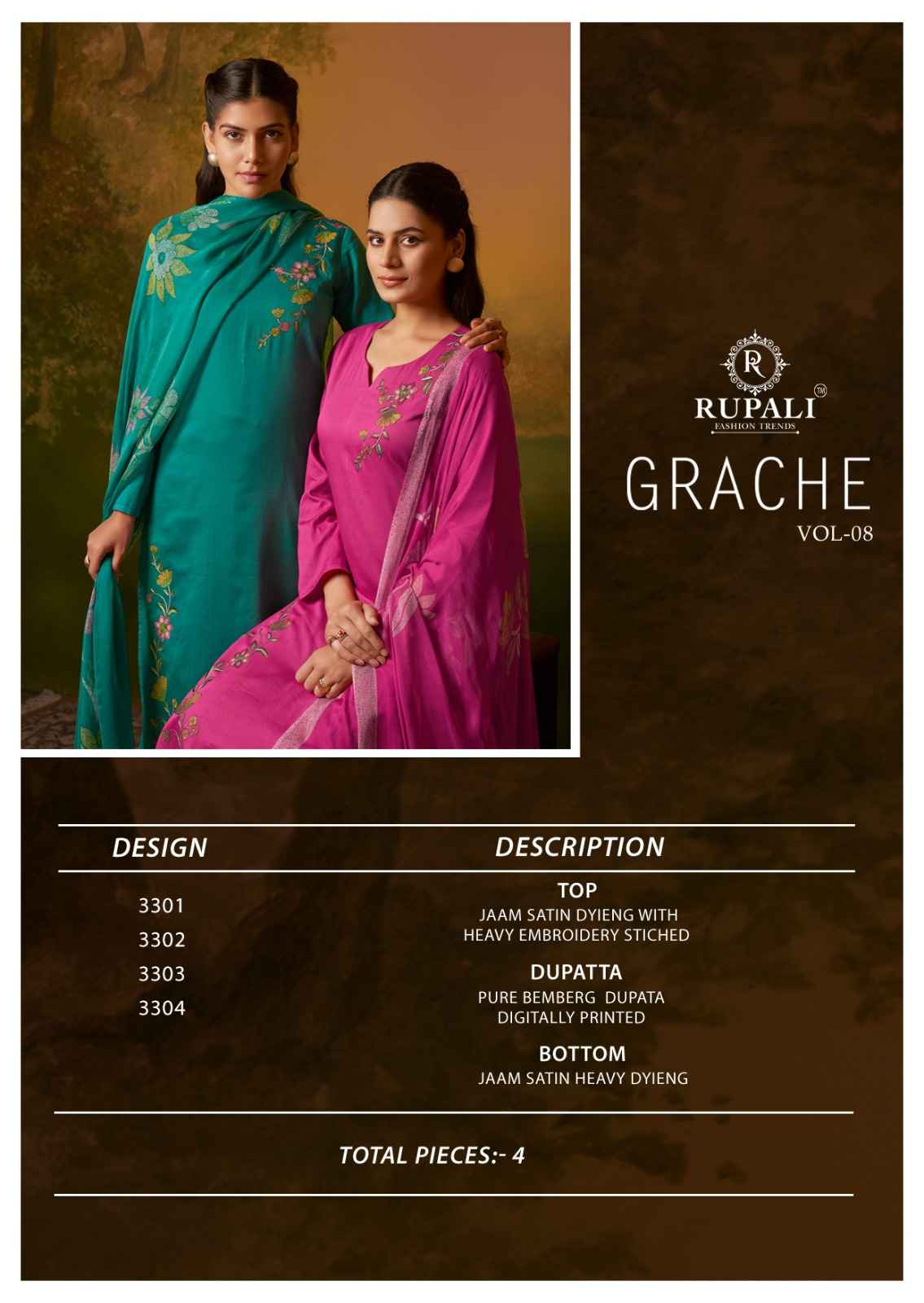 Rupali Fashion Grache Vol 8 Jam Satin Dress Material 4 pcs Catalogue
