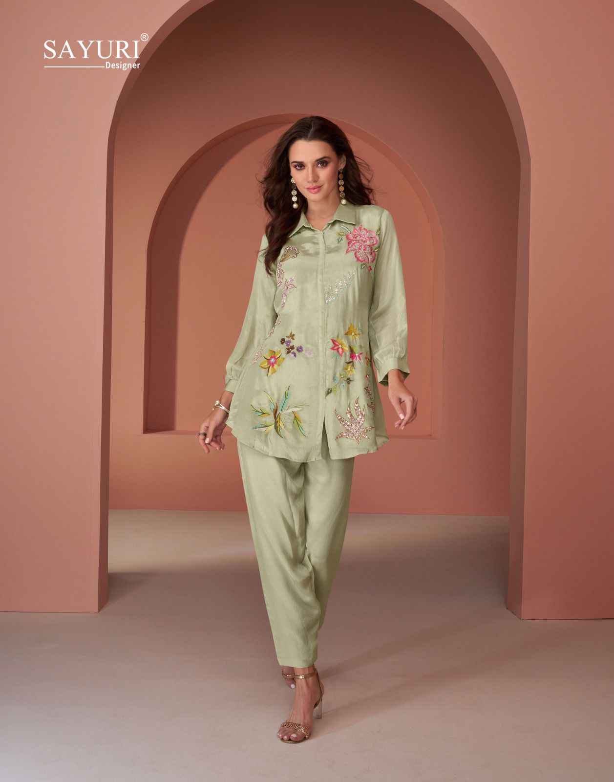 Sayuri Designer Pearl Silk Co Ord Set 5 pcs Catalogue