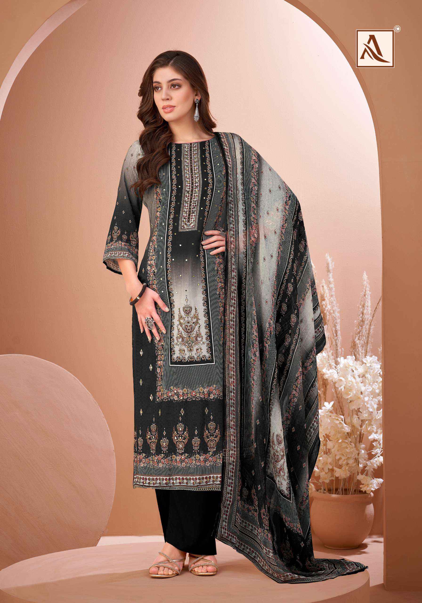 Alok Black Mirror Viscose Muslin Dress Material 8 pcs Catalogue