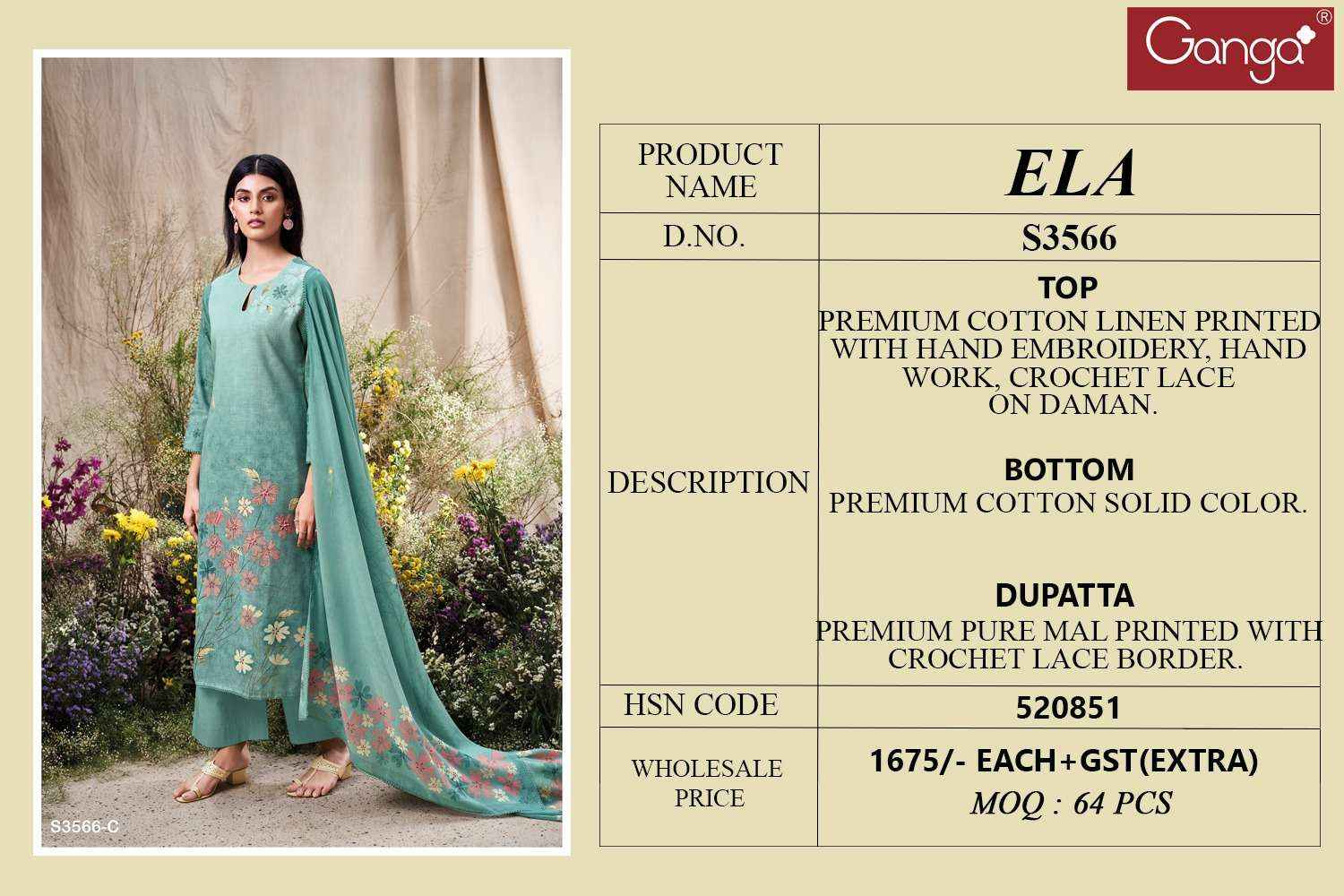 Ganga Ela 3566 Linen Cotton Dress Material 4 pcs Catalogue