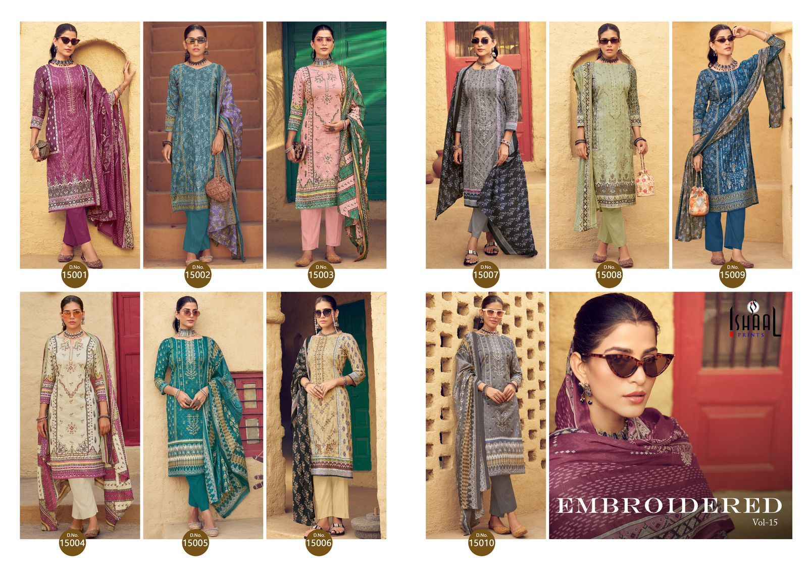 Ishaal Embroidered Vol 15 Lawn Cotton Dress Material 10 pcs Catalogue