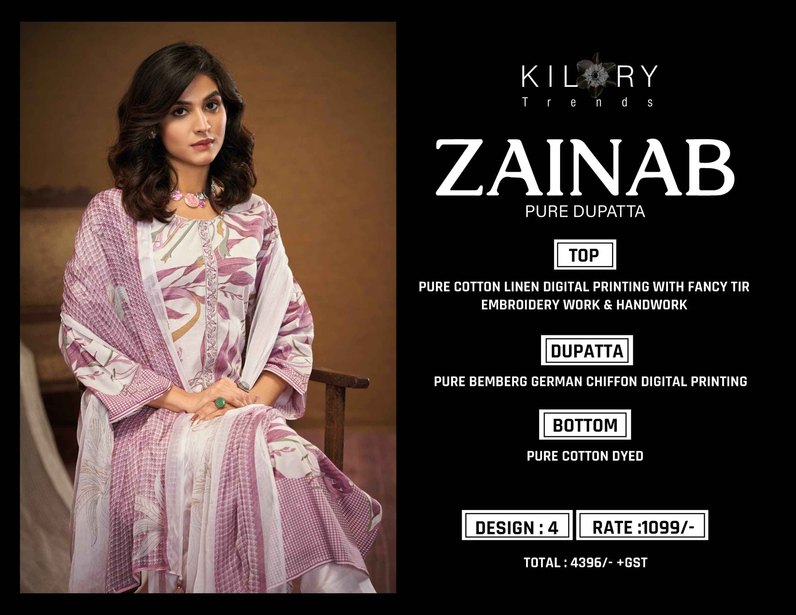Kilory Trends Zainab Linene Cotton Dress Material 4 pcs Catalogue