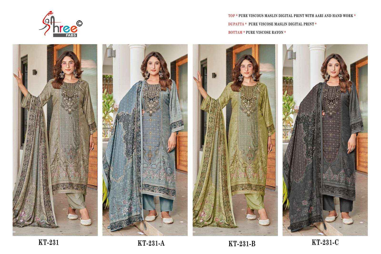Shree Fabs Kt 231 Viscouse Musline Dress Material 4 pcs Catalogue