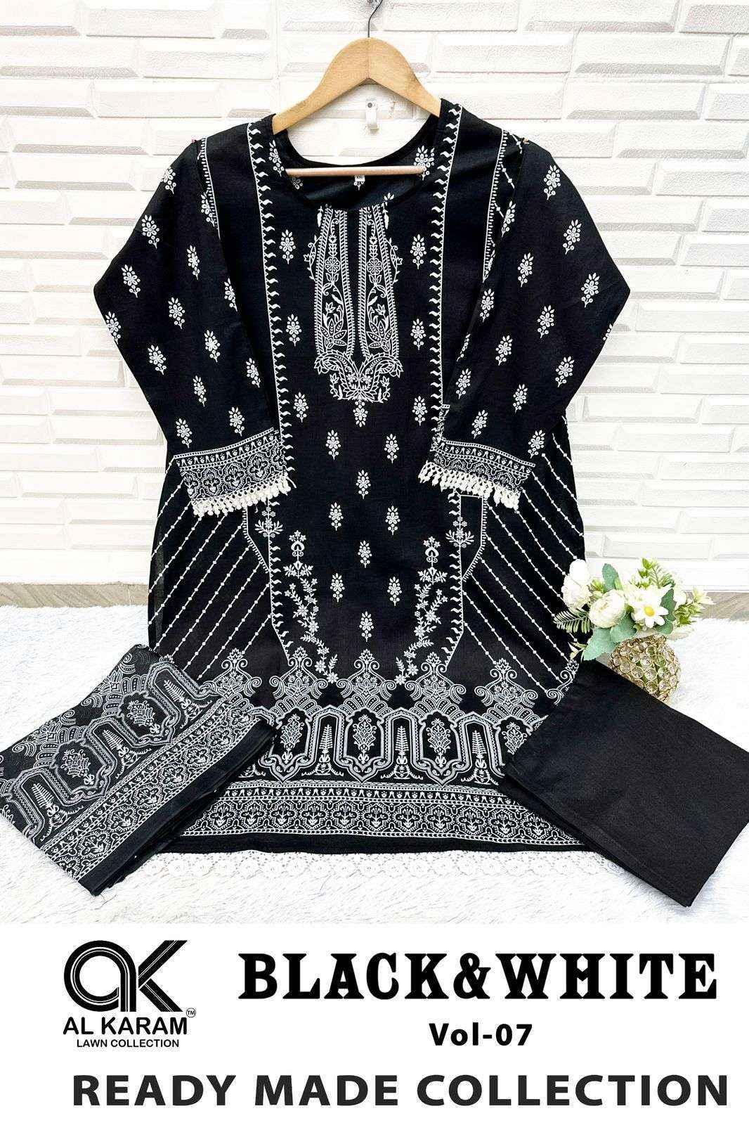 Al Karam Black And White Vol 7 Readymade Lawn Cotton Dress 6 pcs Catalogue