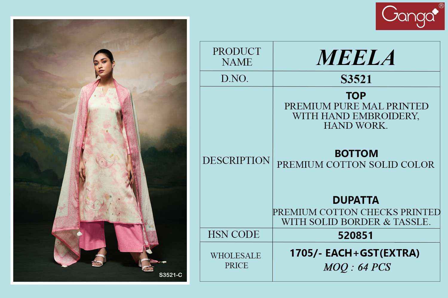 Ganga Meela 3521 Cotton Dress Material 4 pcs Catalogue