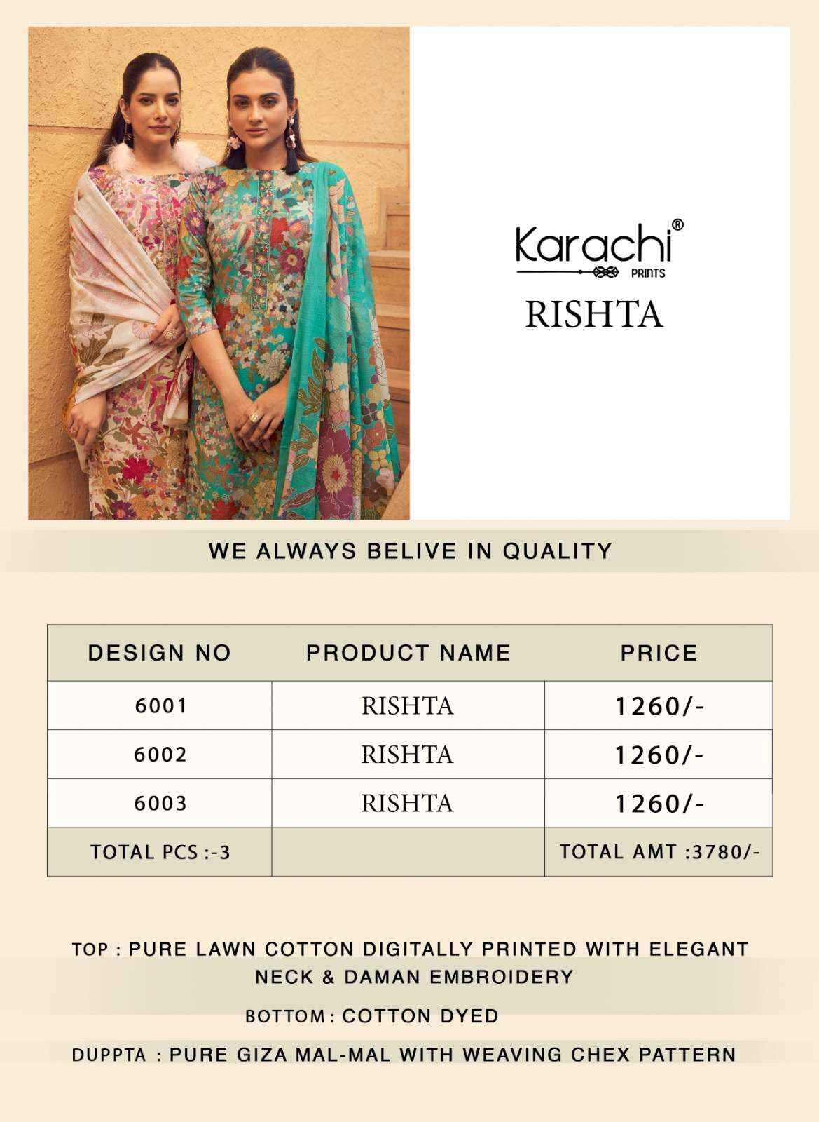 Karachi Prints Rishta Lawn Cotton Dress Material 3 pcs Catalogue