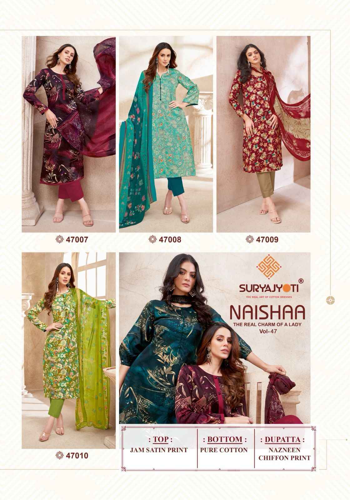 Suryajyoti Naishaa Vol 47 Jam Satin Dress Material 10 pcs Catalogue