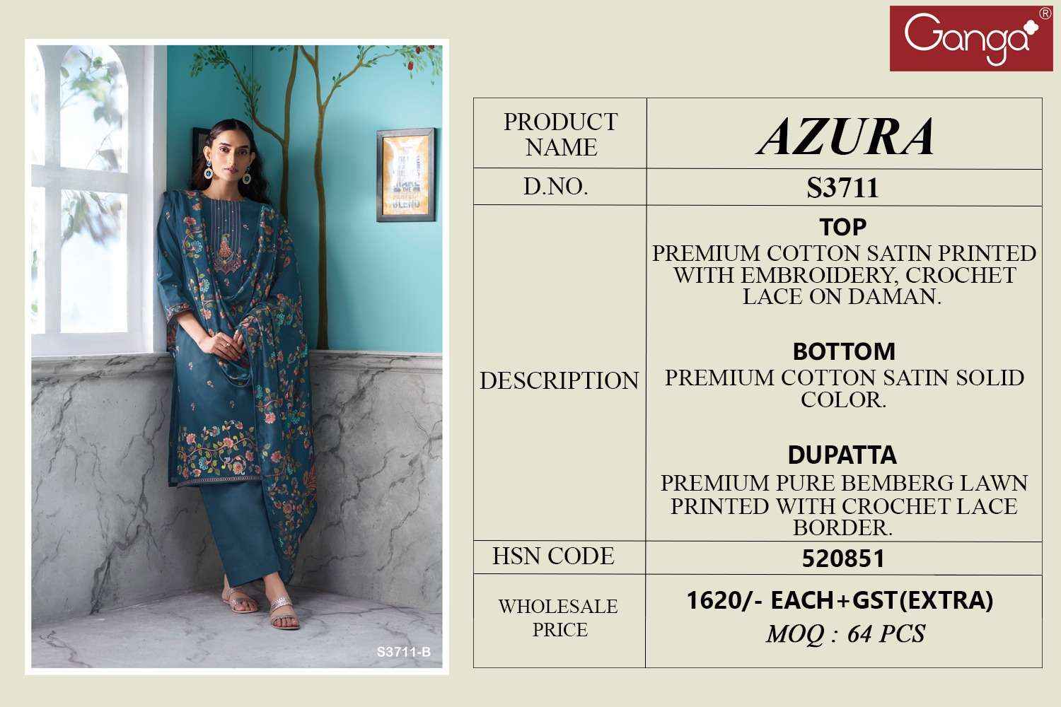 Ganga Azura 3711 Satin Cotton Dress Material wholesale ganga suits