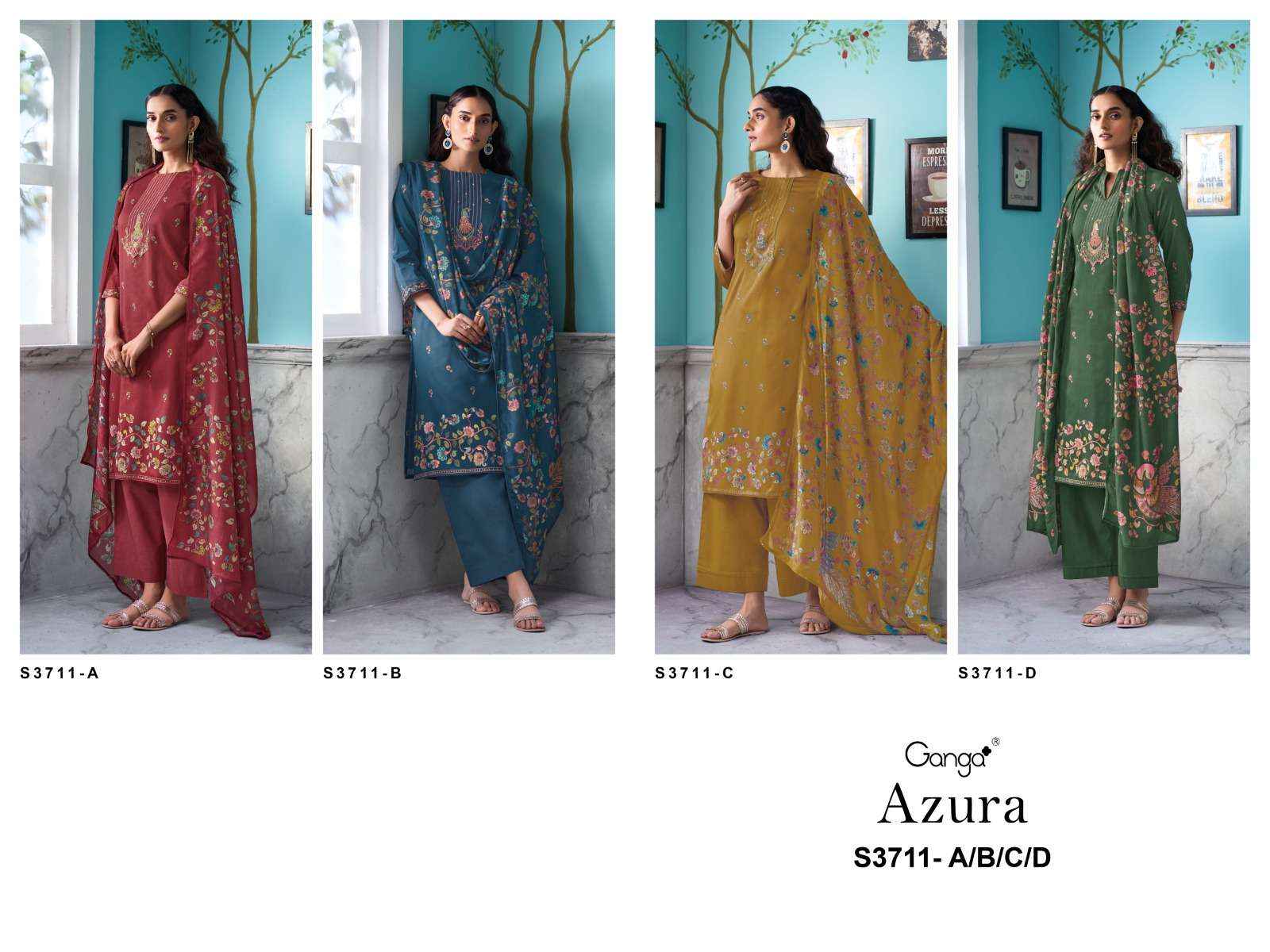 Ganga Azura 3711 Satin Cotton Dress Material wholesale ganga suits