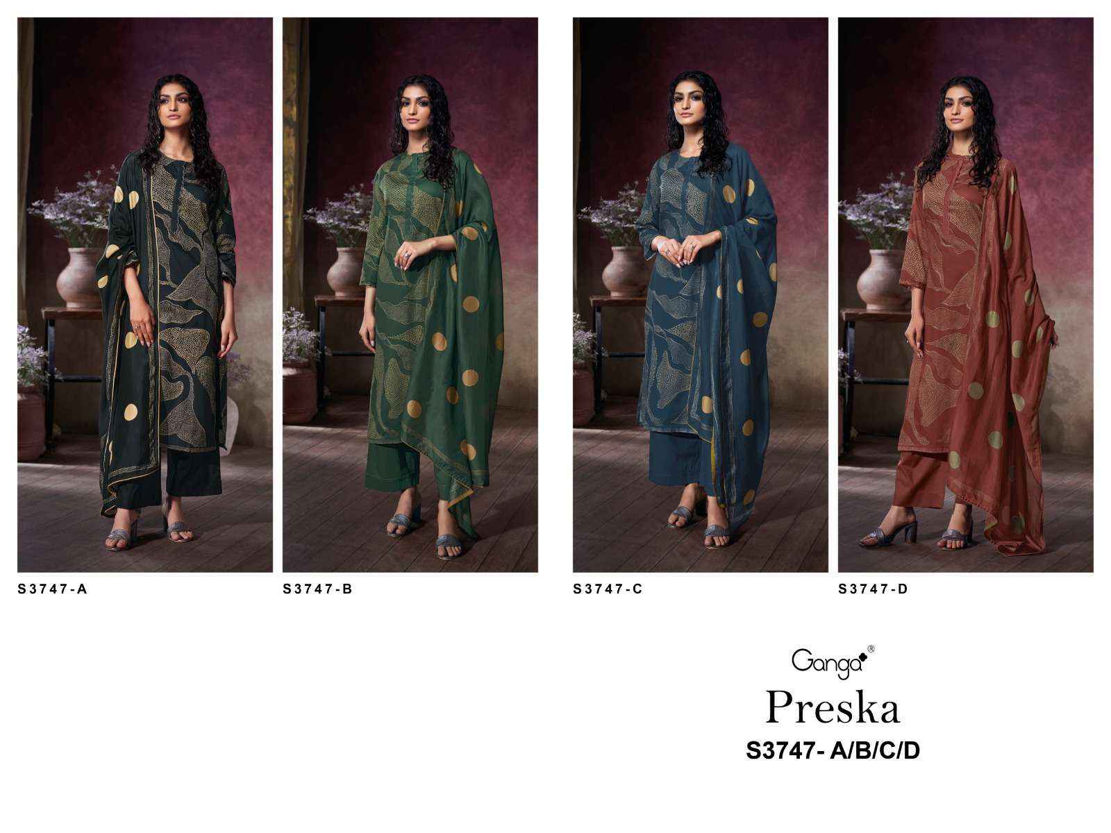 Ganga Preska 3747 Satin Cotton Dress Material 4 pcs Catalogue