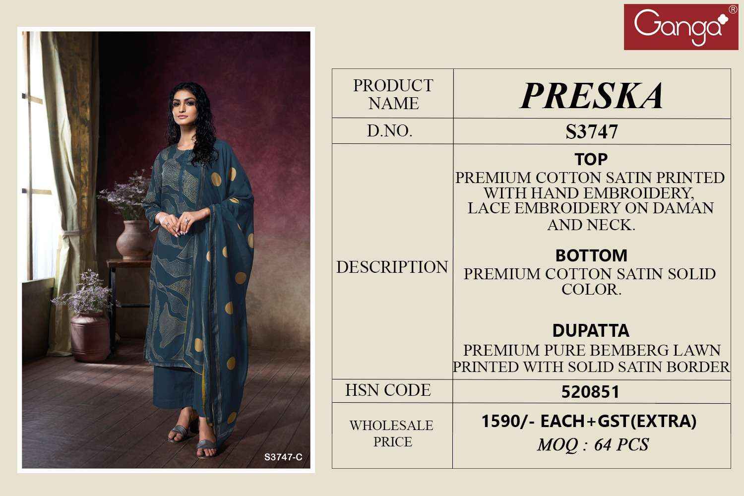 Ganga Preska 3747 Satin Cotton Dress Material 4 pcs Catalogue