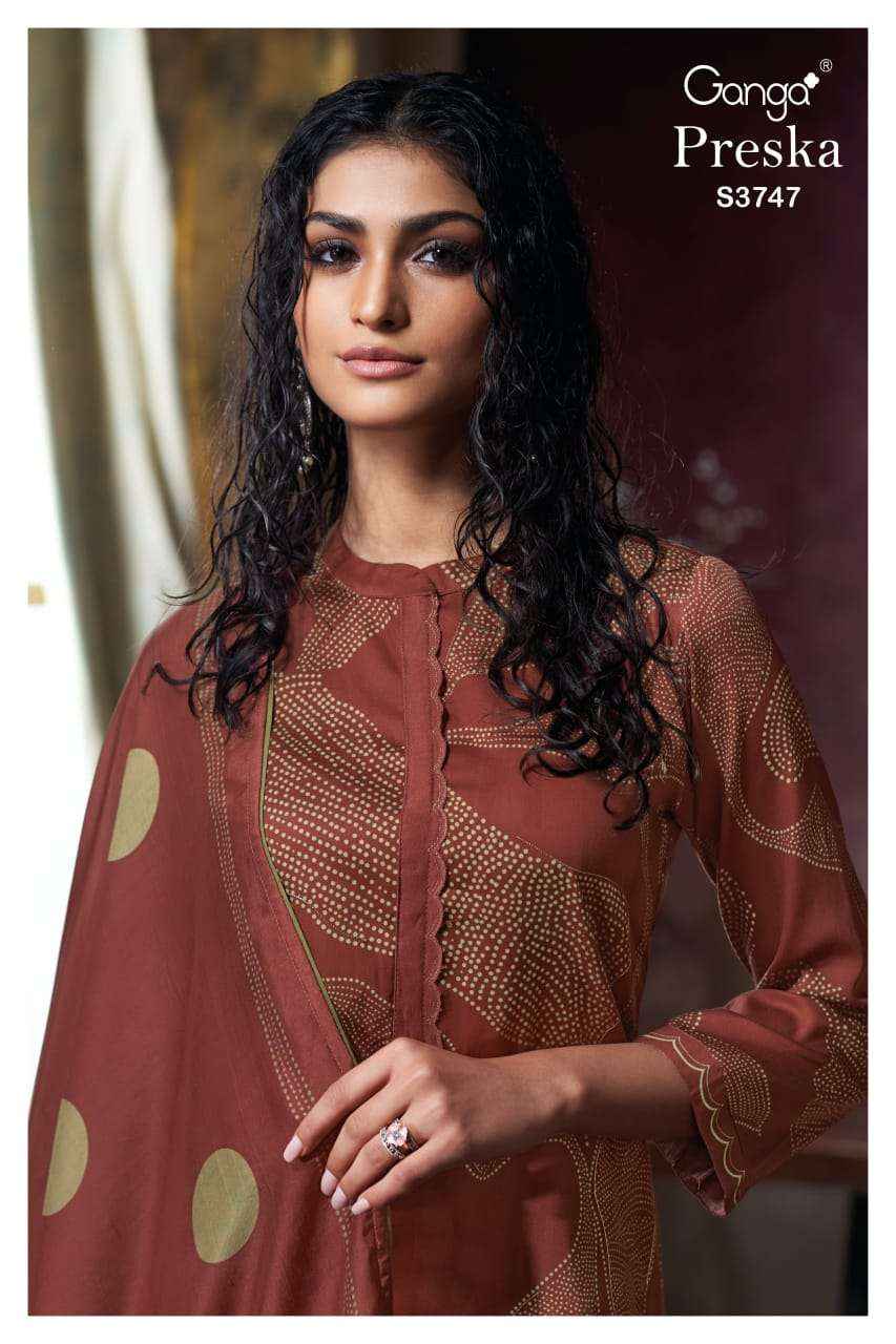 Ganga Preska 3747 Satin Cotton Dress Material 4 pcs Catalogue