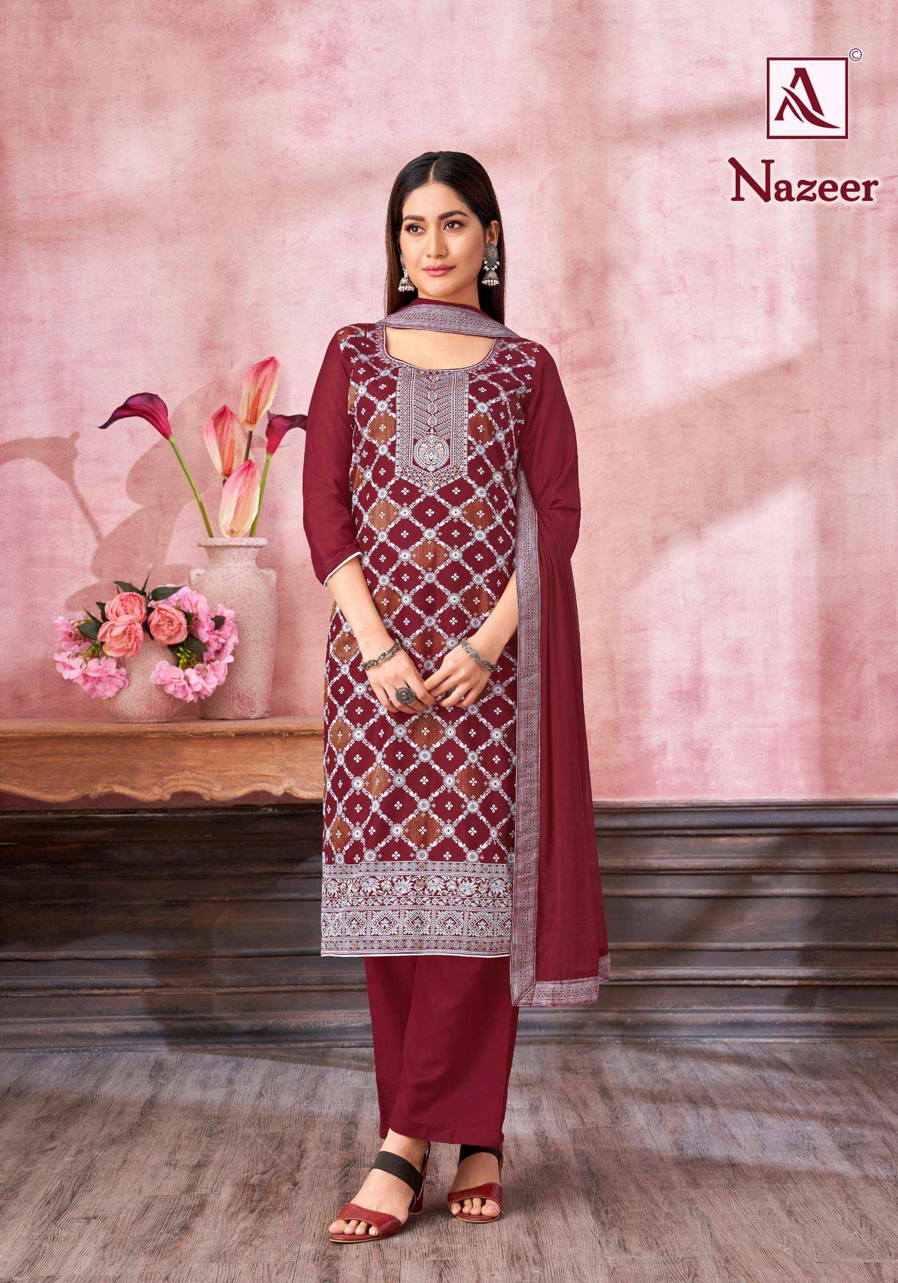 Alok Nazeer Muslin Jacquard Dress Material 6 pcs Catalogue