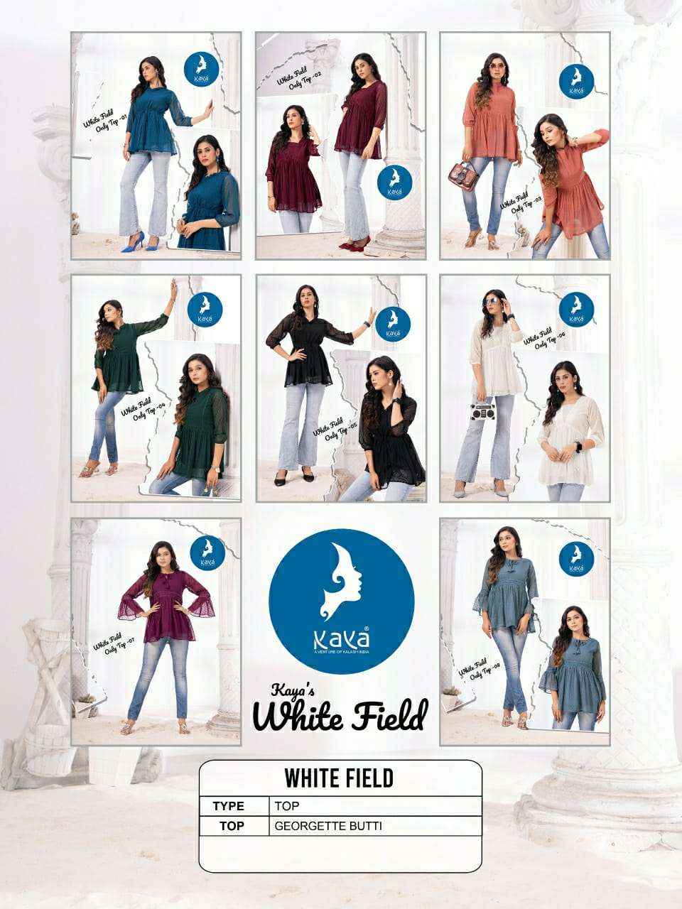 Kaya White Field Georgette Weastern Top 8 pcs Catalogue