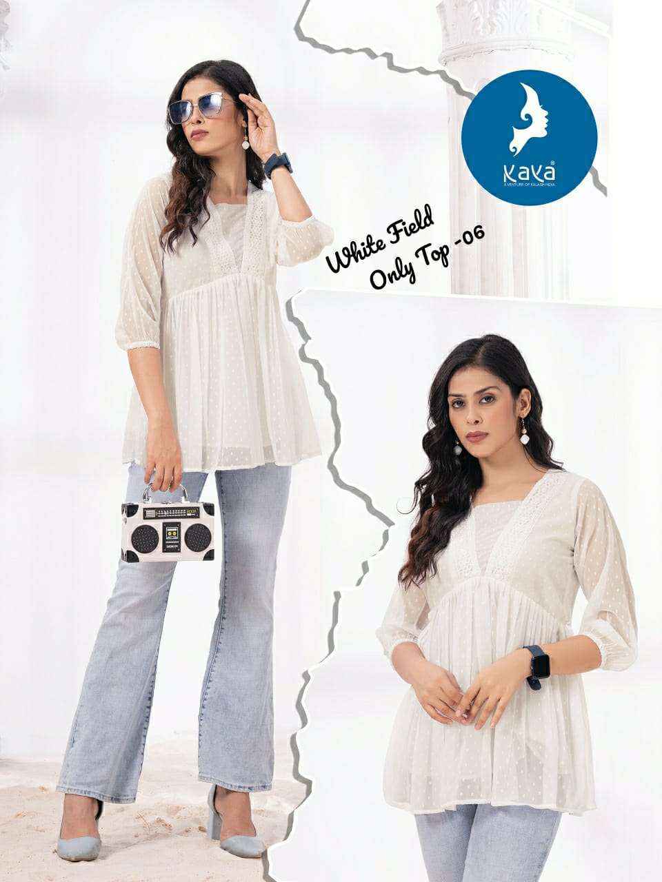 Kaya White Field Georgette Weastern Top 8 pcs Catalogue