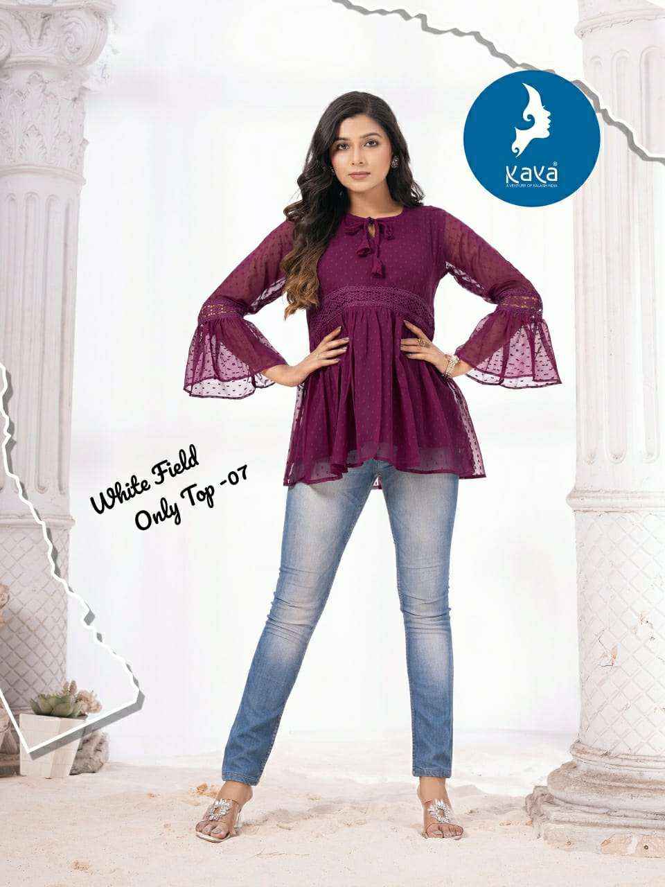 Kaya White Field Georgette Weastern Top 8 pcs Catalogue