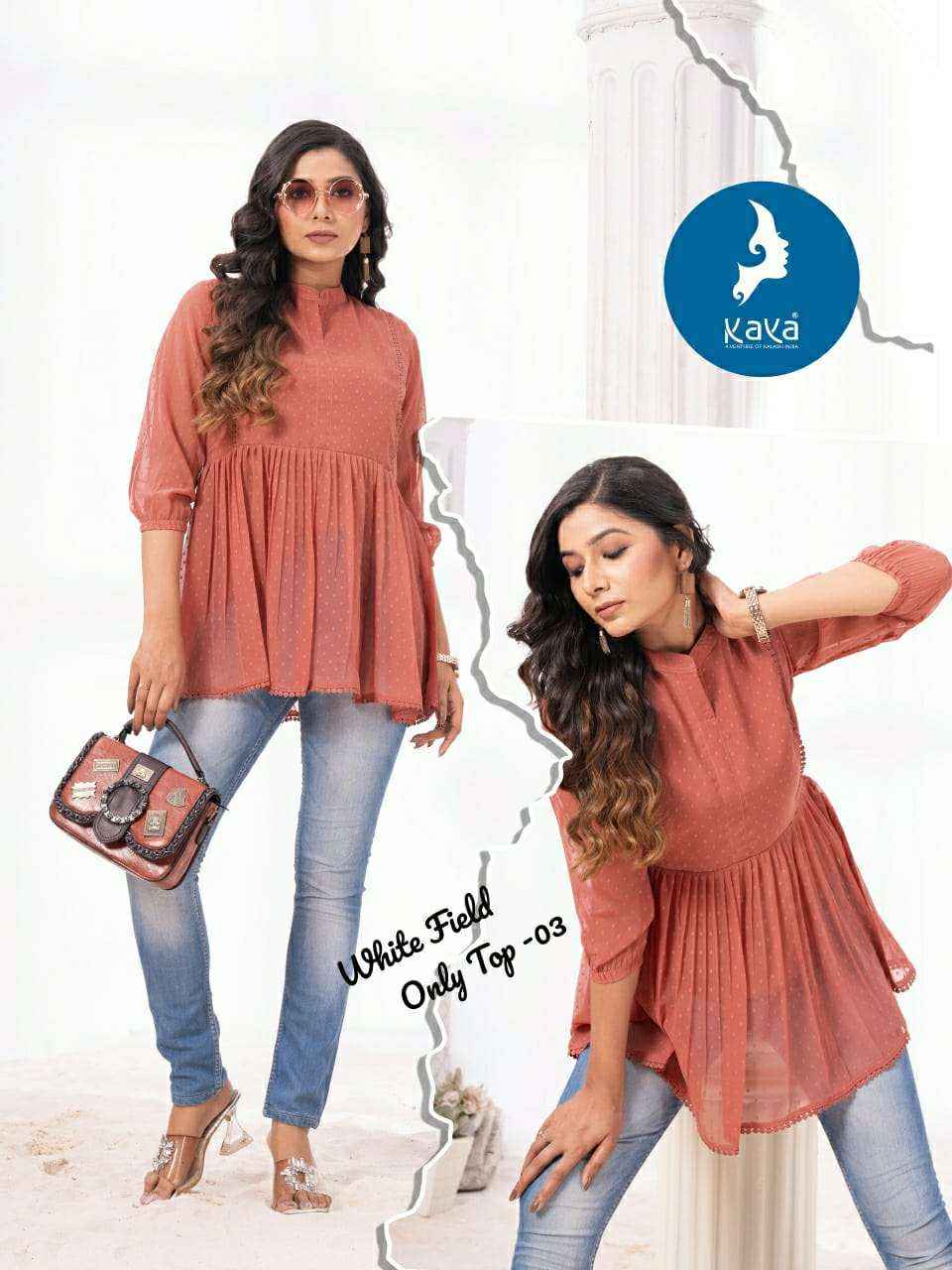 Kaya White Field Georgette Weastern Top 8 pcs Catalogue