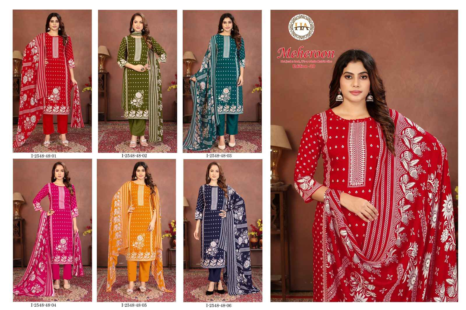 Harshit Fashion Meheroon Edition 20 Viscouse Reyon Dress Material 6 pcs Catalogue