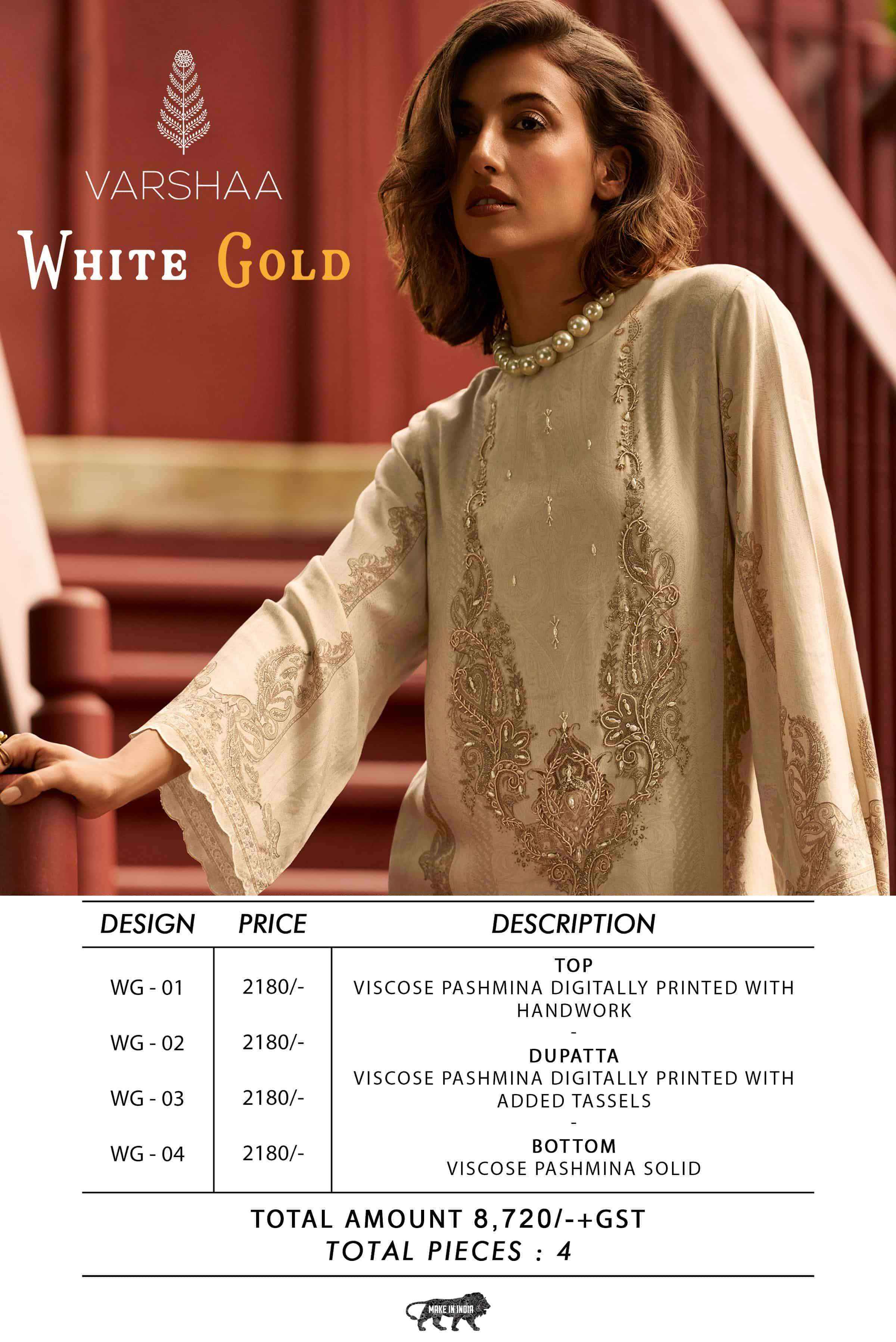 Varshaa White Gold Viscouse Pashmina Dress Material 4 pcs Catalogue
