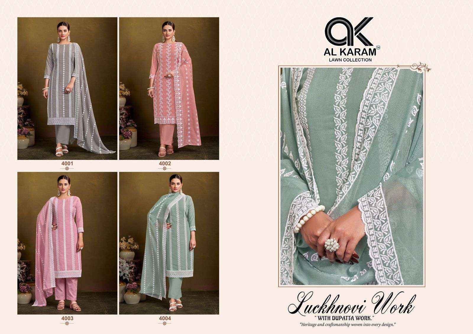 Al Karam Lucknowi Work Cotton Dress Material 4 pcs Catalogue