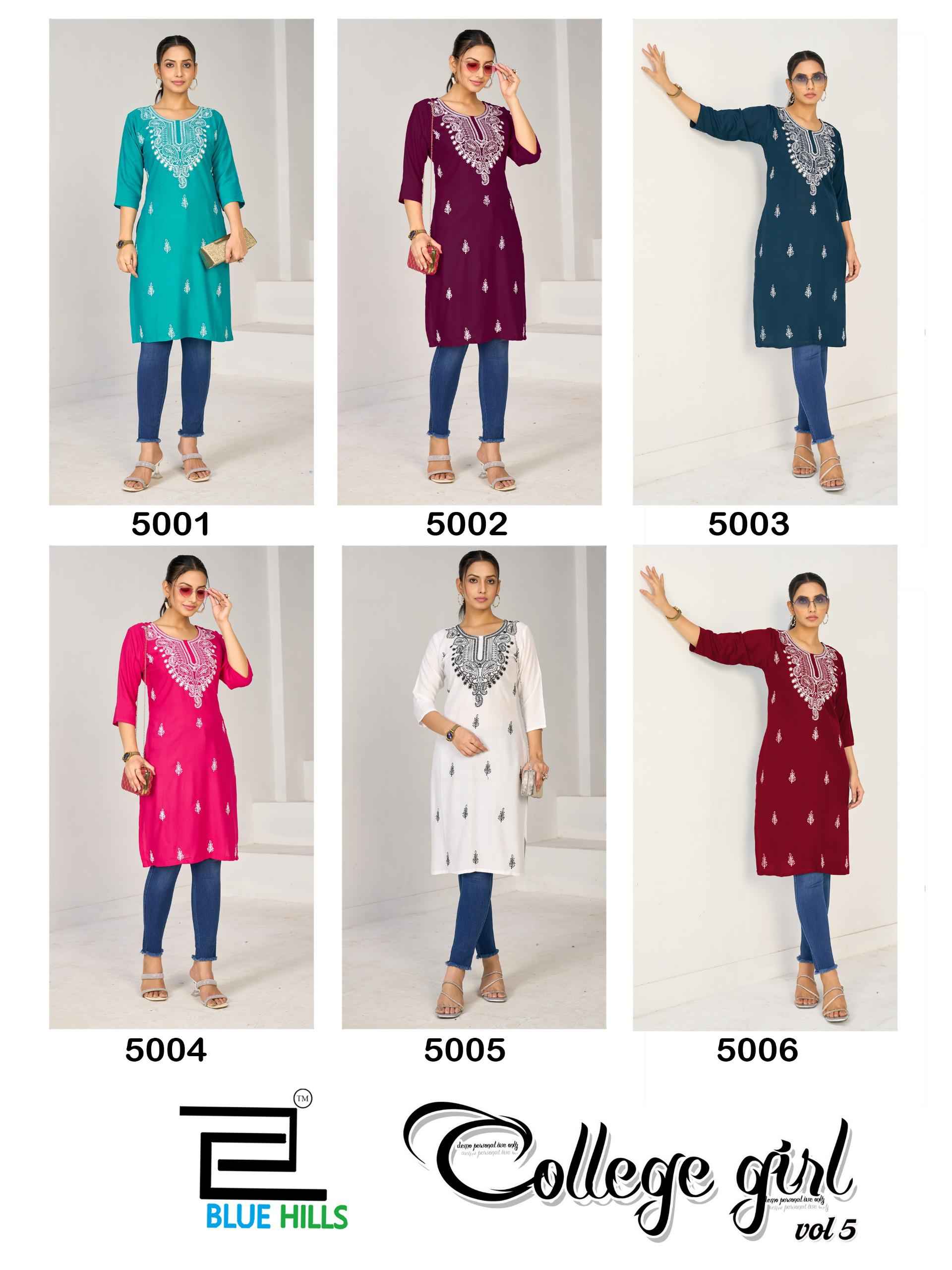 Blue Hills College Girl Vol 5 Rayon Kurti 6 pcs Catalogue