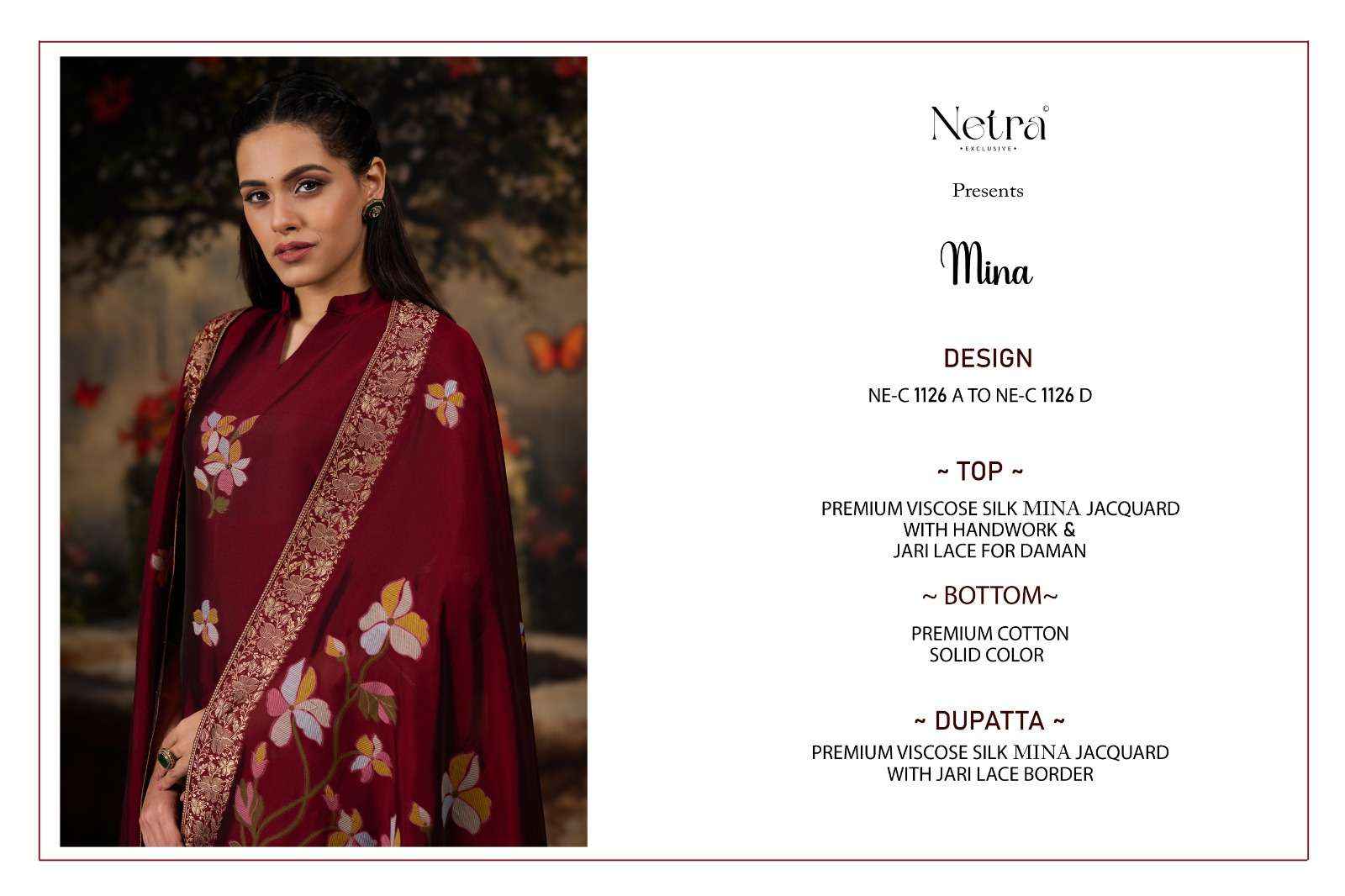 Netra Mina Viscose Silk Mina Jacquard Dress Material 4 pcs Catalogue